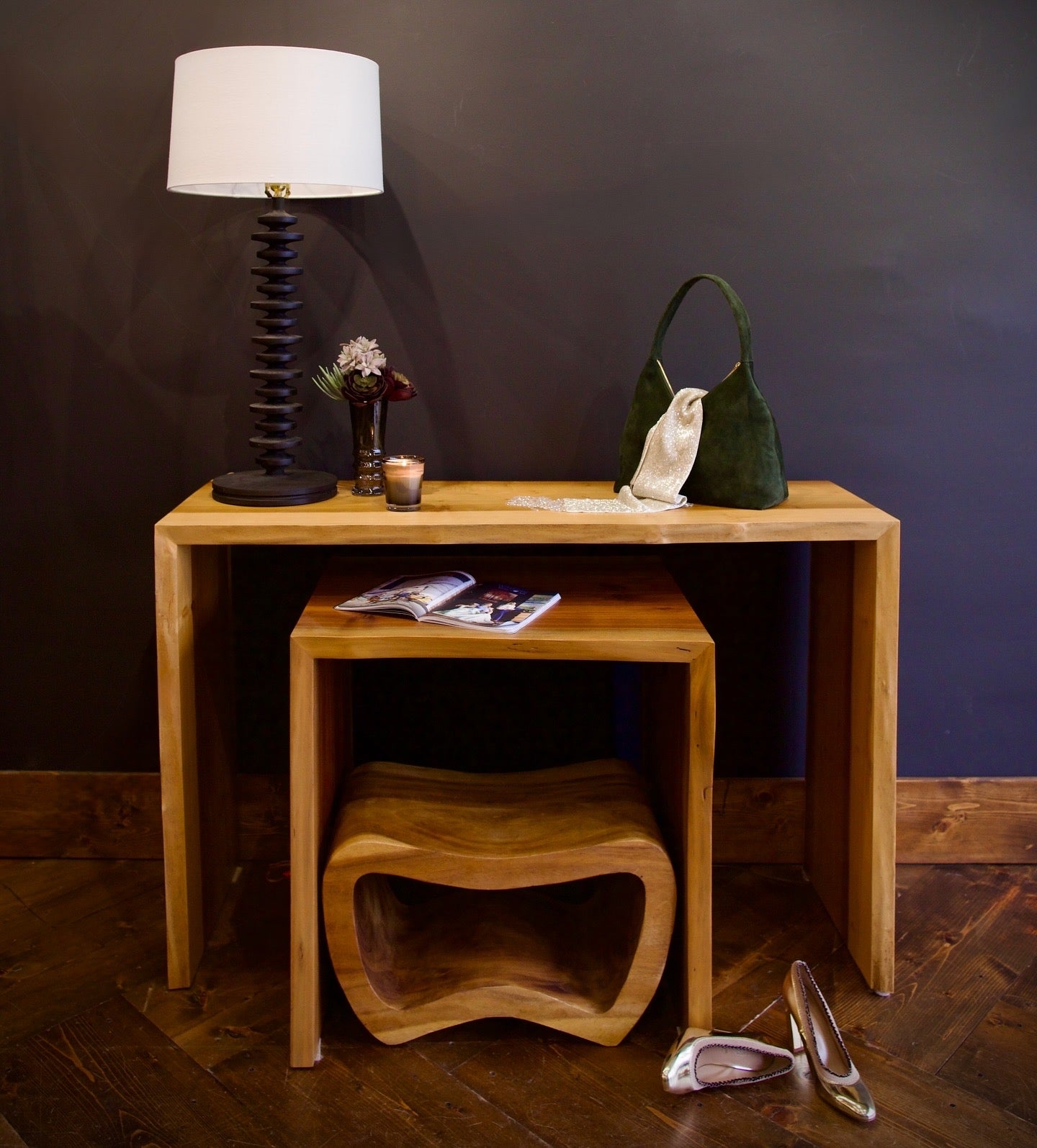 North Carolina custom furniture maker Brian Fireman Poplar Sofa with Table/Console with live edge dovetail joint