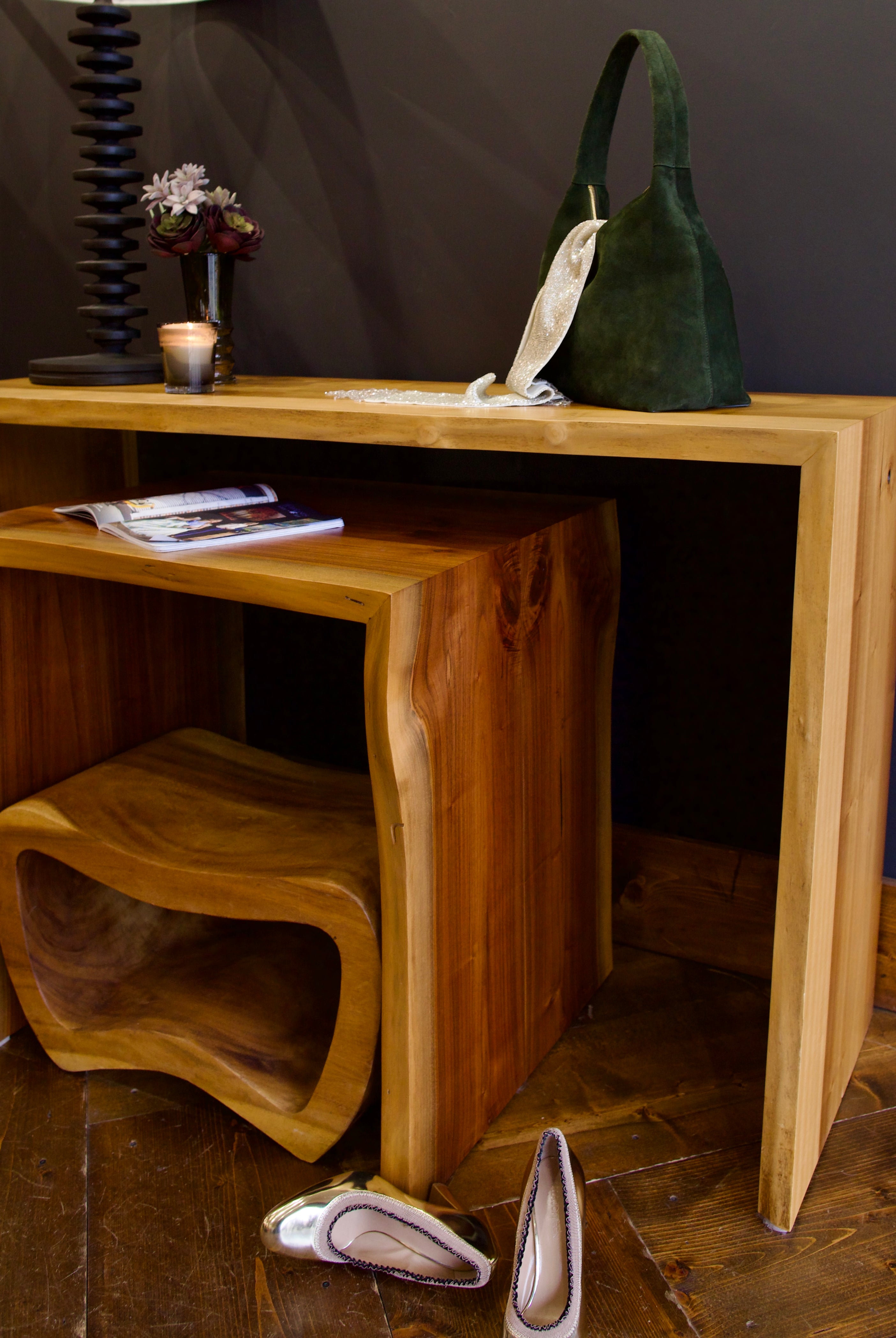North Carolina handcrafted contemporary walnut waterfall wood table with a natural wood finish