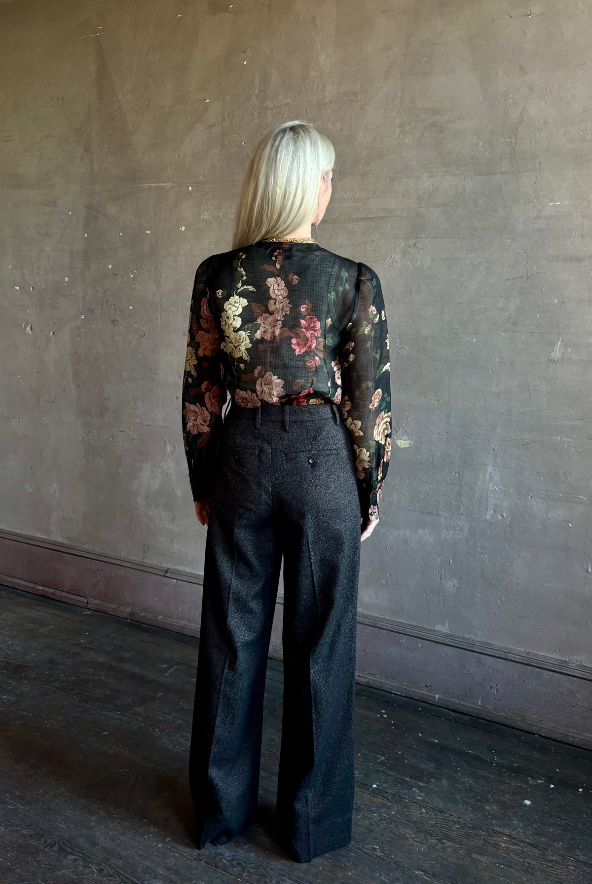 Mature woman wearing Cara Cara Chili Blouse in Meadows Black linen-silk crystal buttons Romantic dressmaker-quality occasion ready