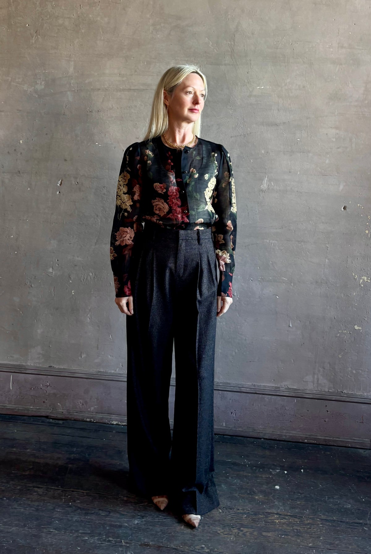 Mature woman wearing Cara Cara Chili Blouse in Meadows Black linen-silk crystal buttons Romantic dressmaker-quality statement blouse