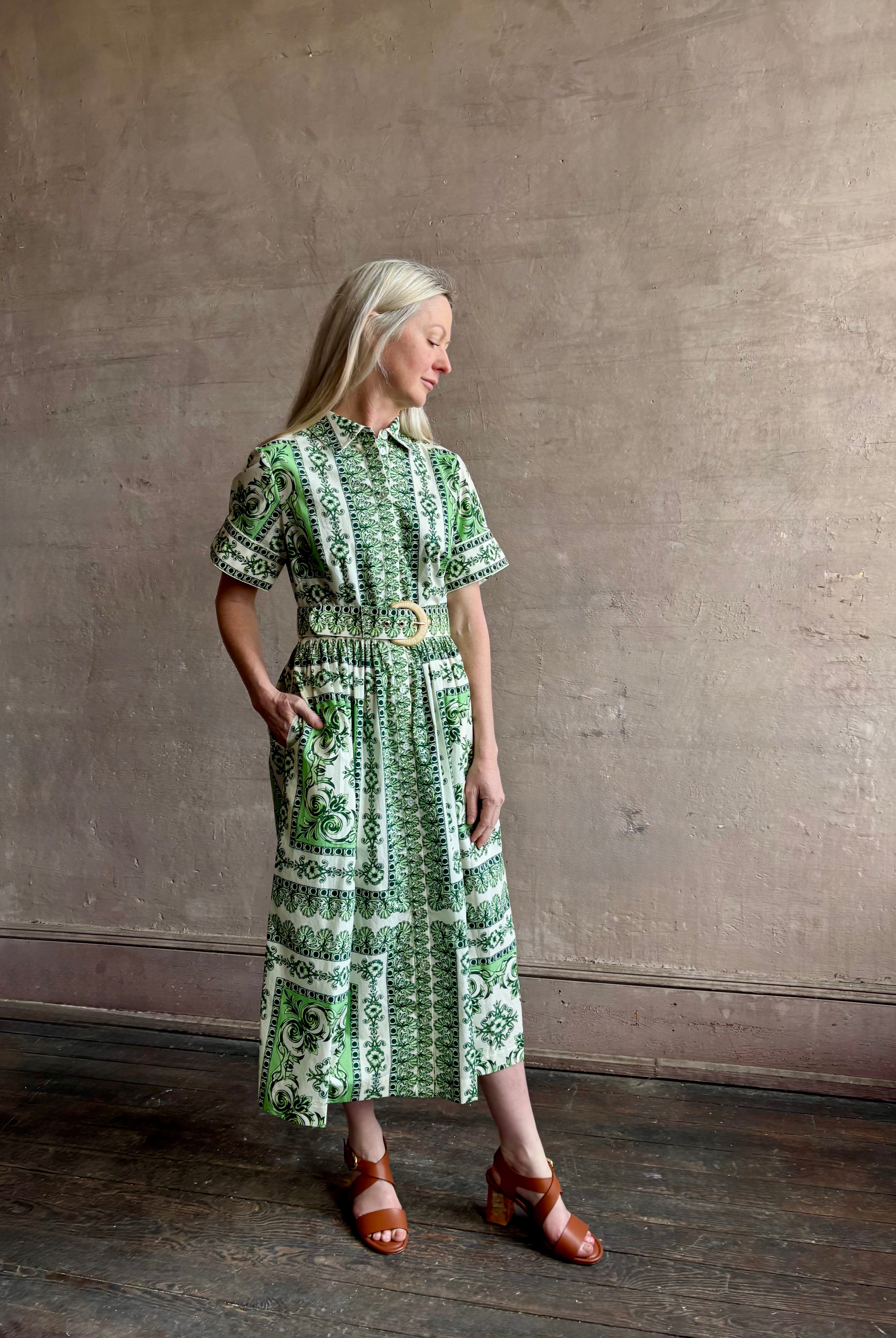 Woman wearing Cara Cara designer Malena cotton poplin shirt dress in a green Hudson Scarf Mint print with short sleeves ad belt