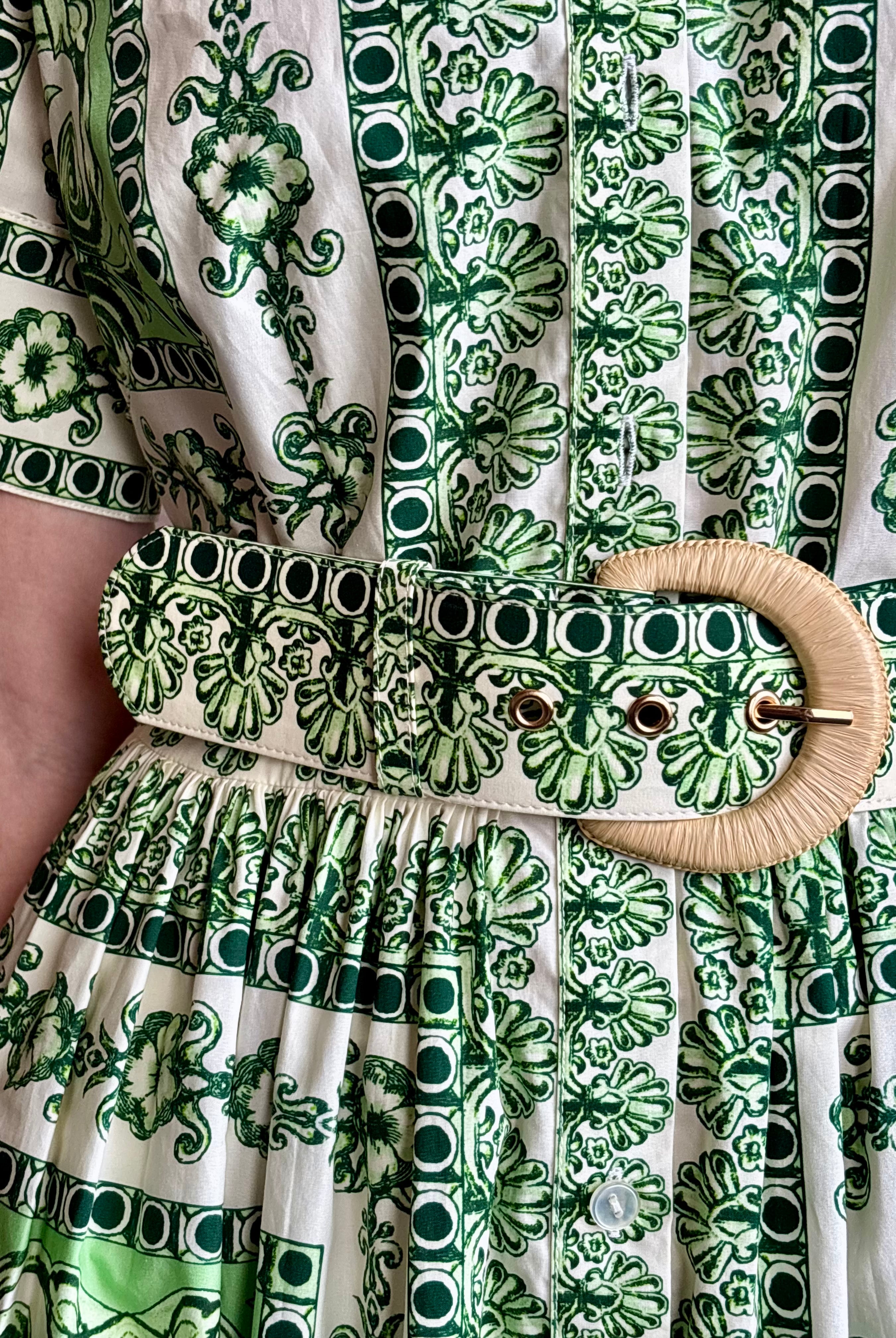 Woman wearing Cara Cara designer Malena cotton poplin shirt dress in a green Hudson Scarf Mint print with short sleeves ad belt