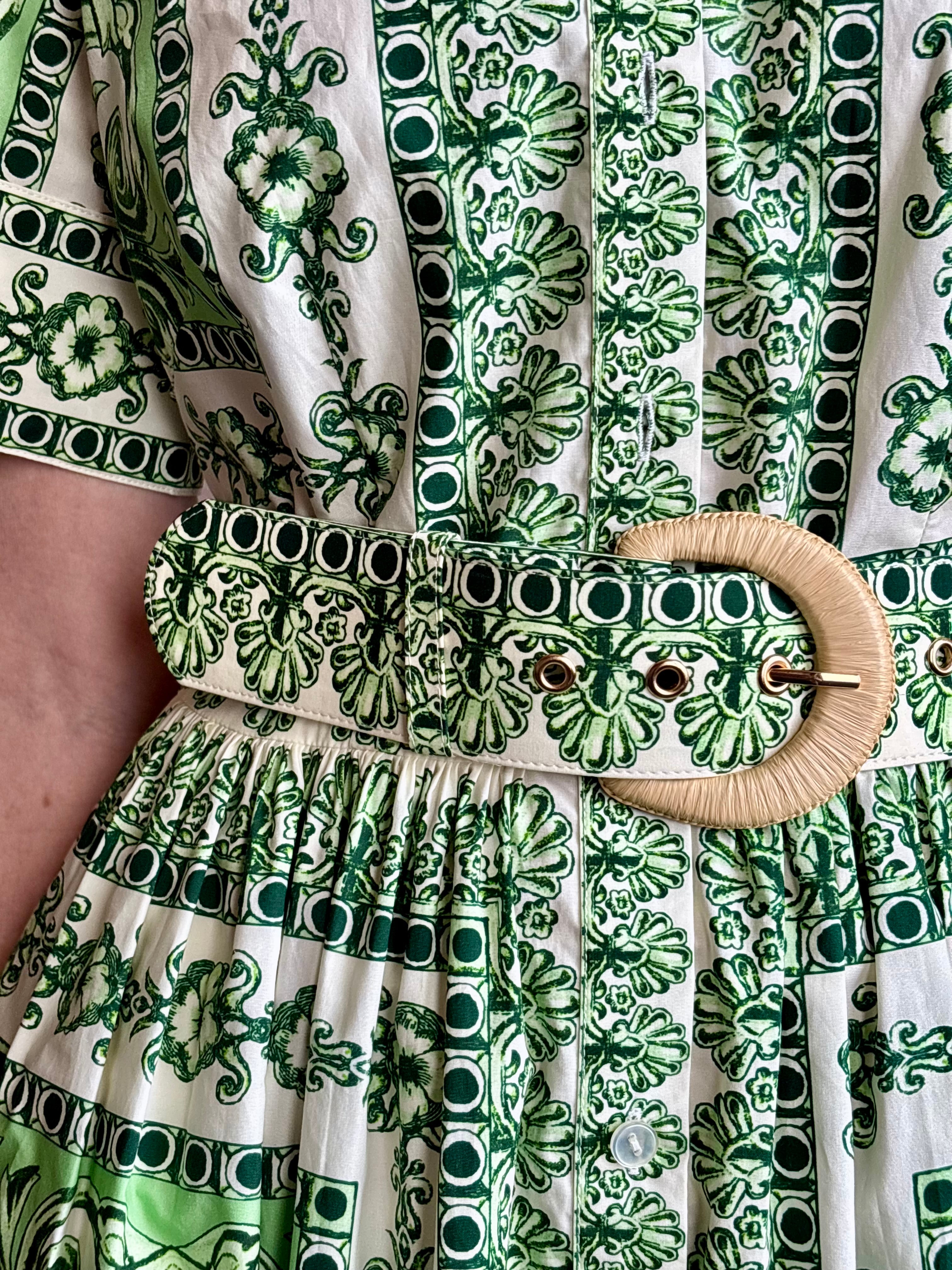 Woman wearing Cara Cara designer Malena cotton poplin shirt dress in a green Hudson Scarf Mint print with short sleeves ad belt