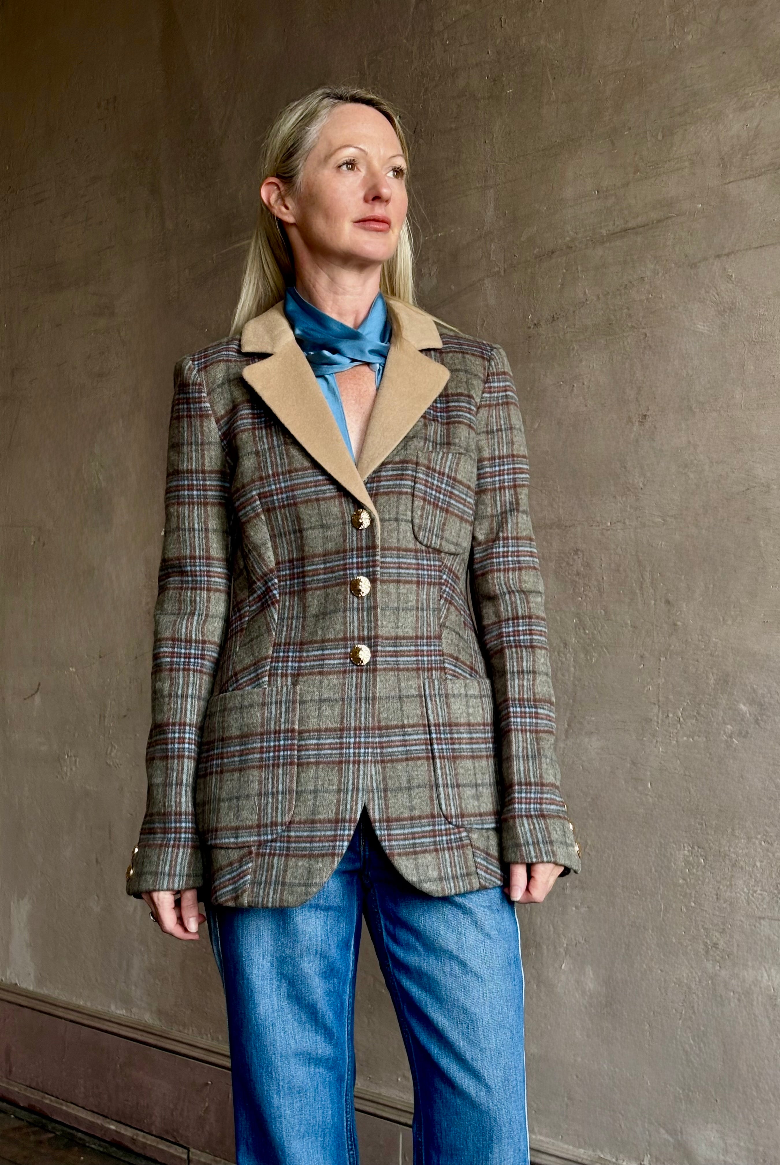 Image of woman wearing the Cara Cara Ross classic tailored Ross blazer with nipped waist construction and heritage allen plaid