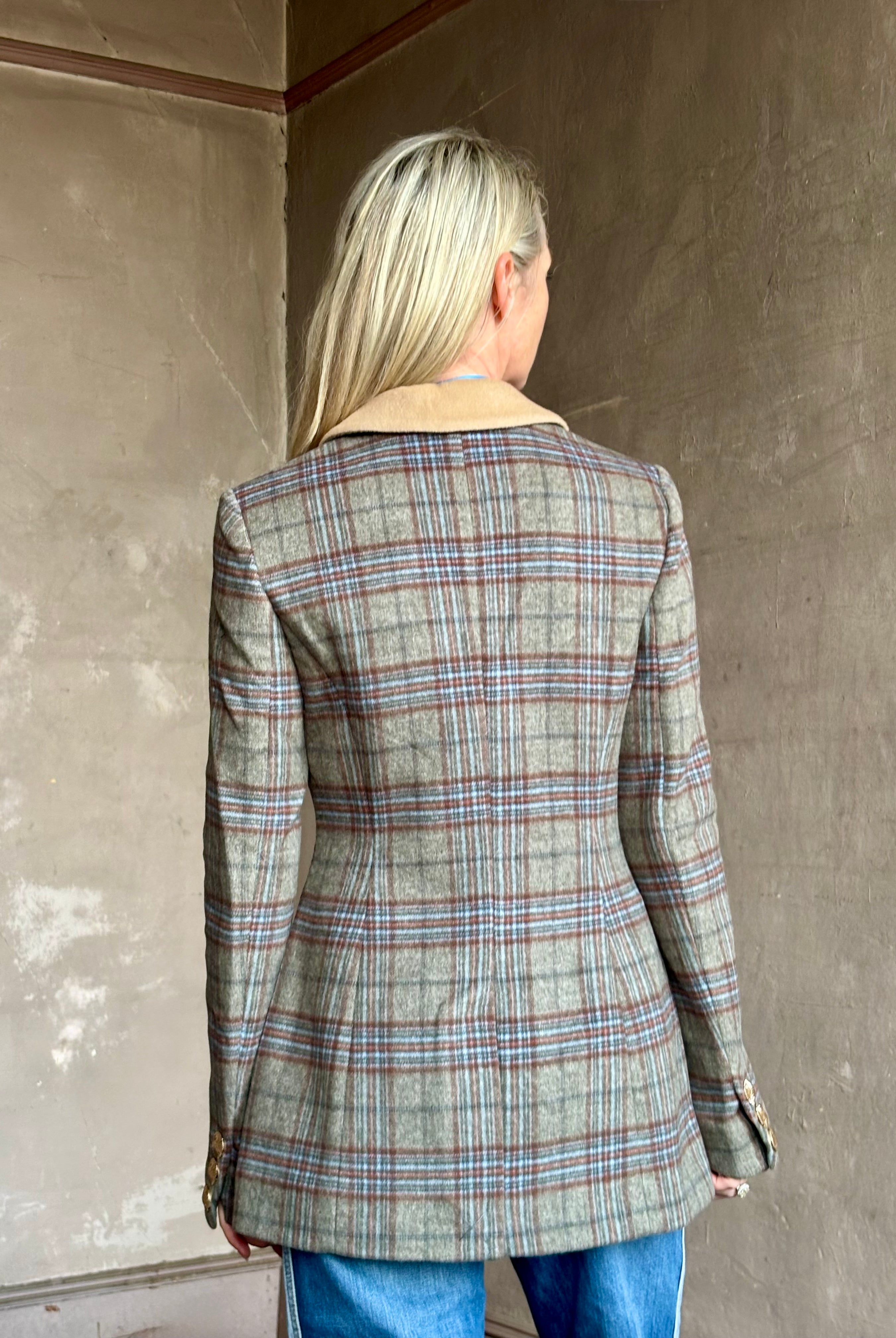 Image of woman wearing the Cara Cara Ross classic tailored Ross blazer with nipped waist construction and heritage allen plaid
