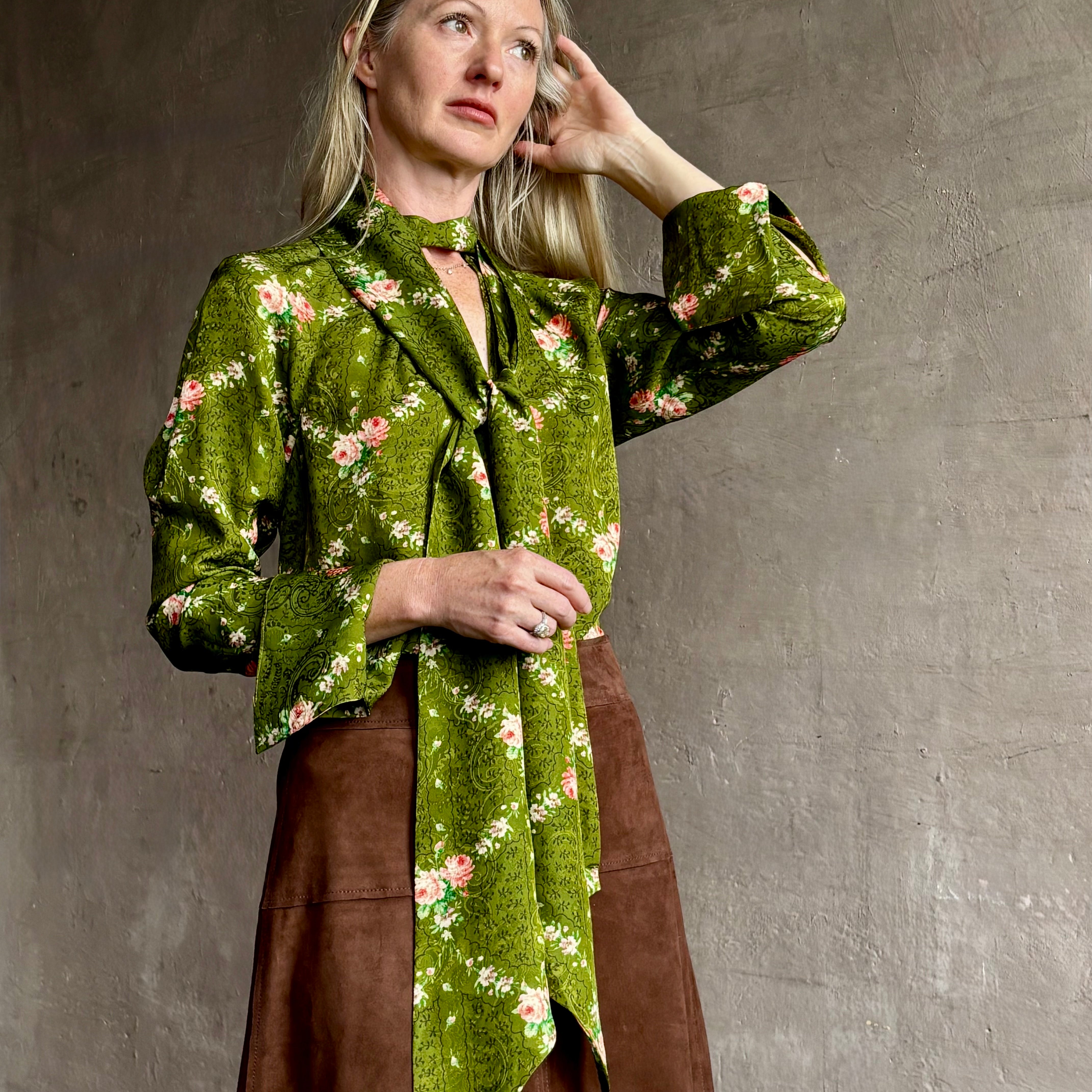 Image of woman wearing Cara Cara Sundance top in premium silk-viscose with keyhole neckline long sleeves and attached scarf