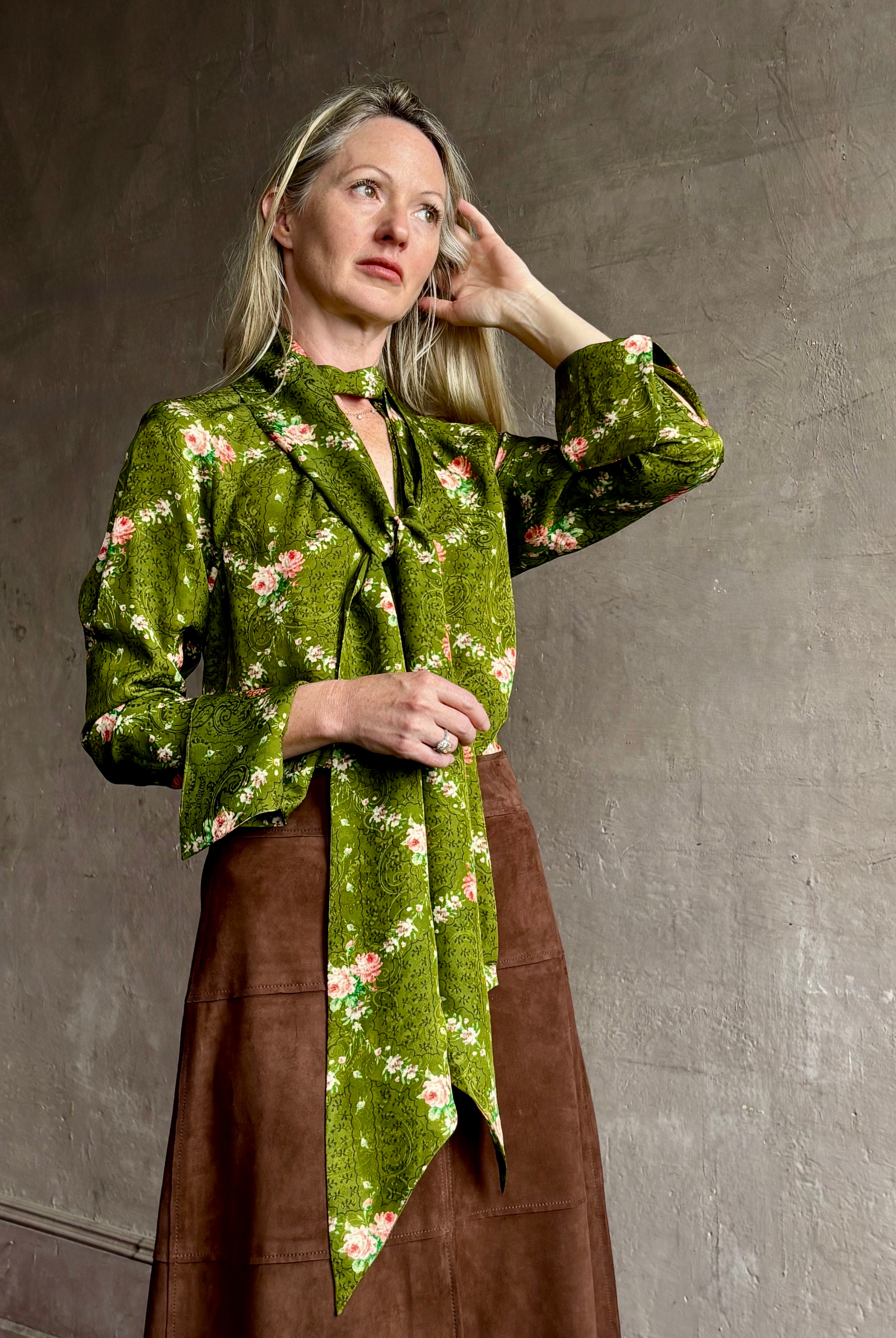 Image of woman wearing Cara Cara Sundance top in premium silk-viscose with keyhole neckline long sleeves and attached scarf