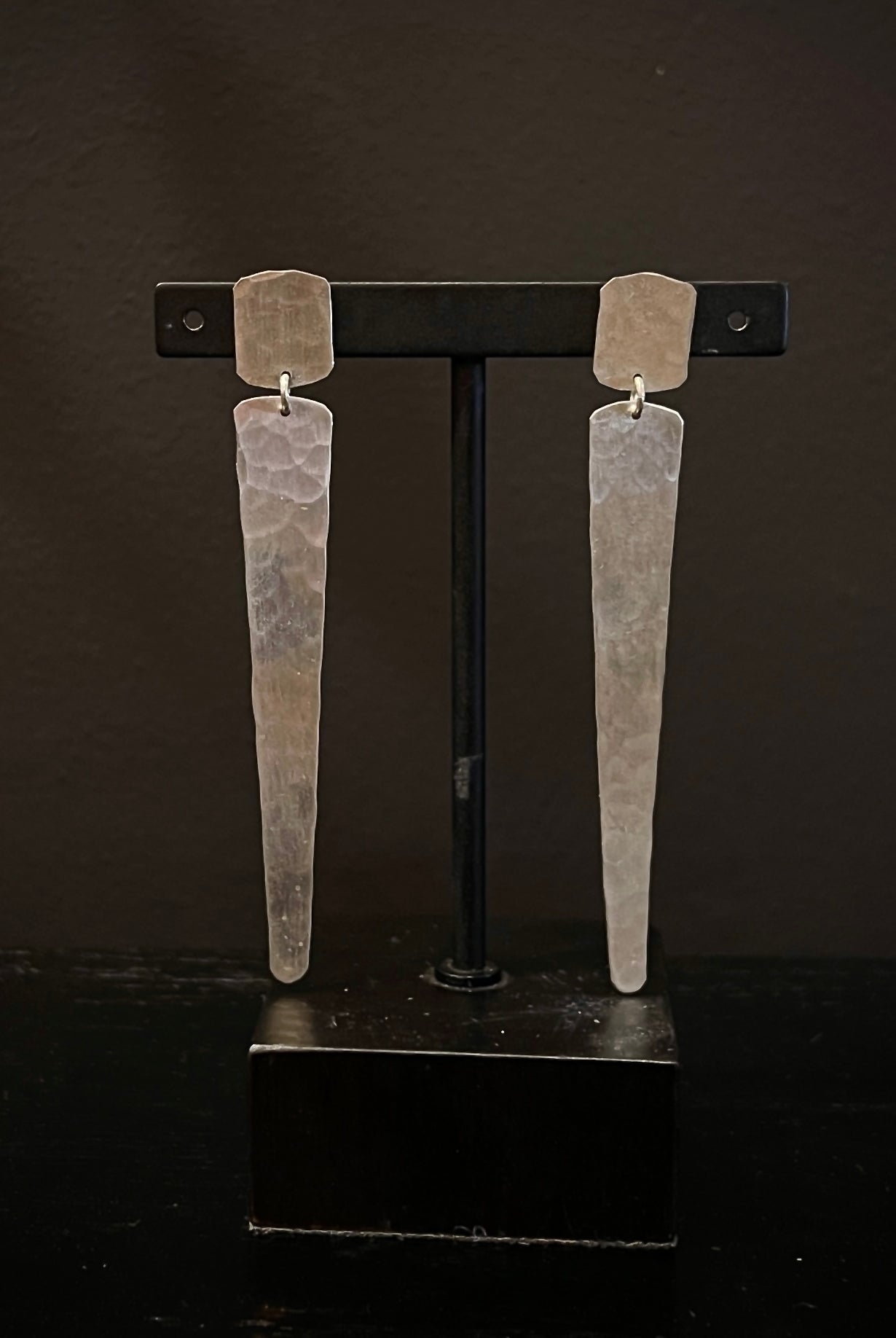 hammered Sterling silver square post earrings with matching finish dangling wedge artisan handcrafted in USA