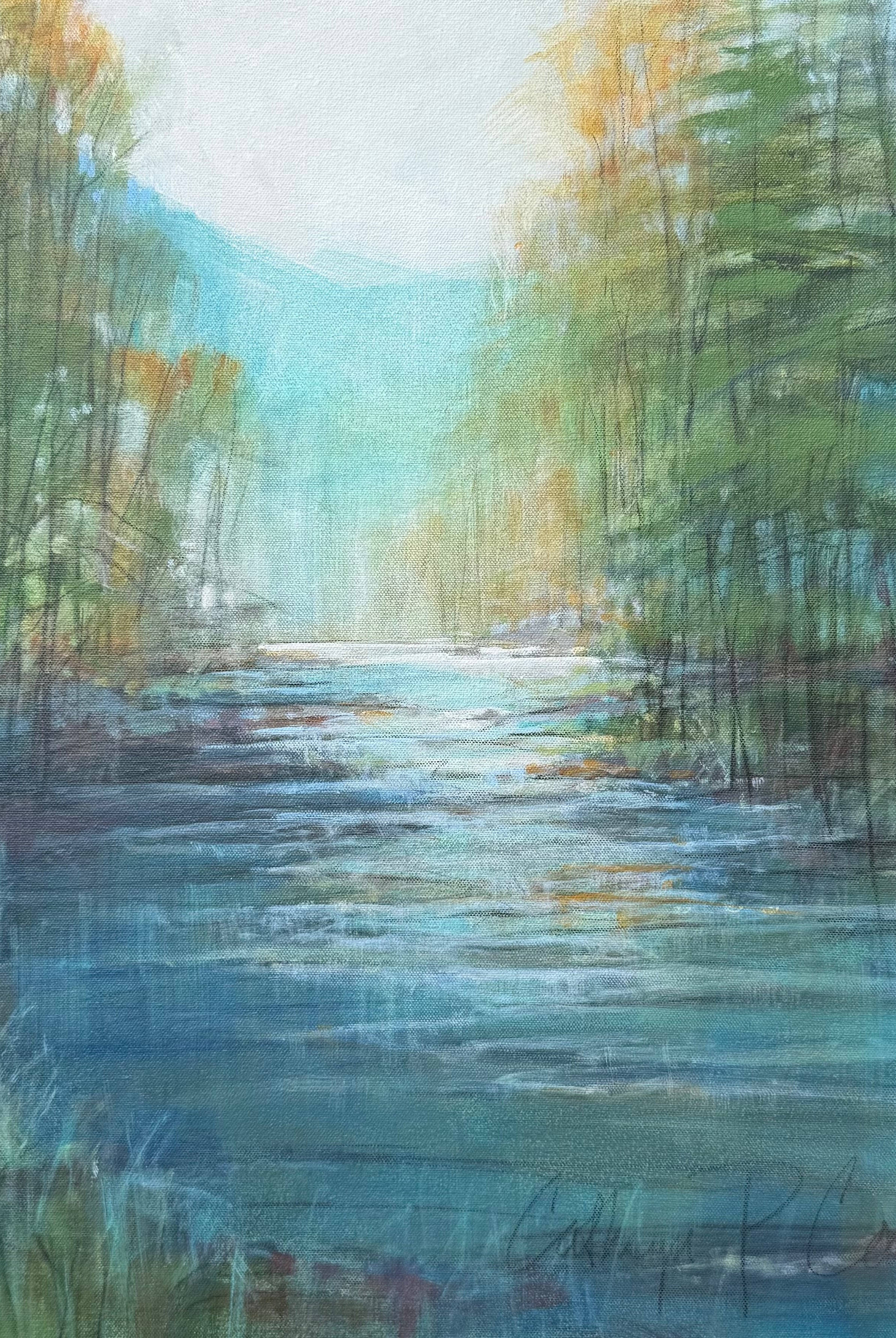 Image of North Carolina artist CATHRYN COOPER Fly Fishing Dream of a stream lined by trees and mountain range in the background