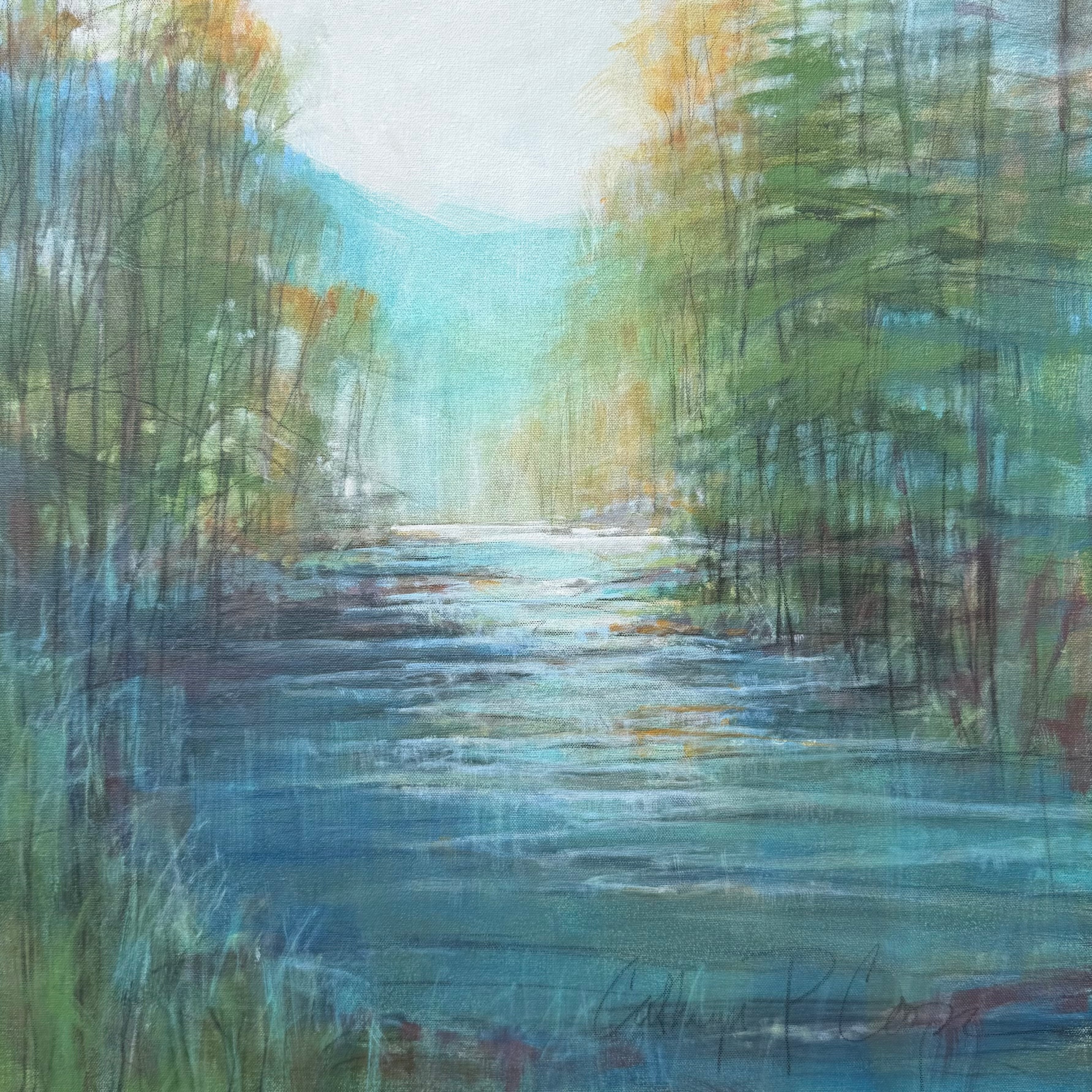 Image of North Carolina artist CATHRYN COOPER Fly Fishing Dream of a stream lined by trees and mountain range in the background