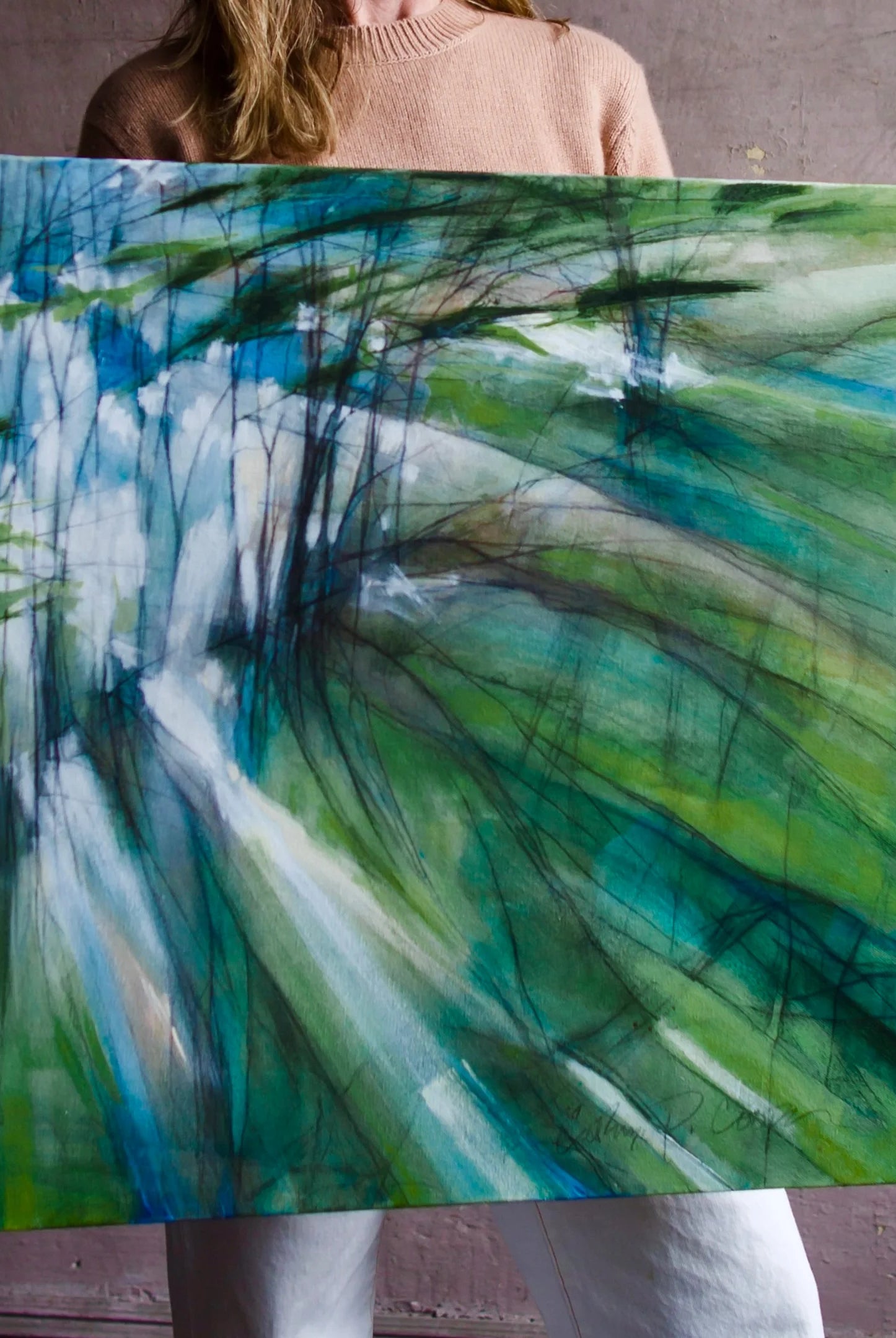 Image of original acrylic and graphite abstract painting by North Carolina fine art painter Cathryn Cooper trees