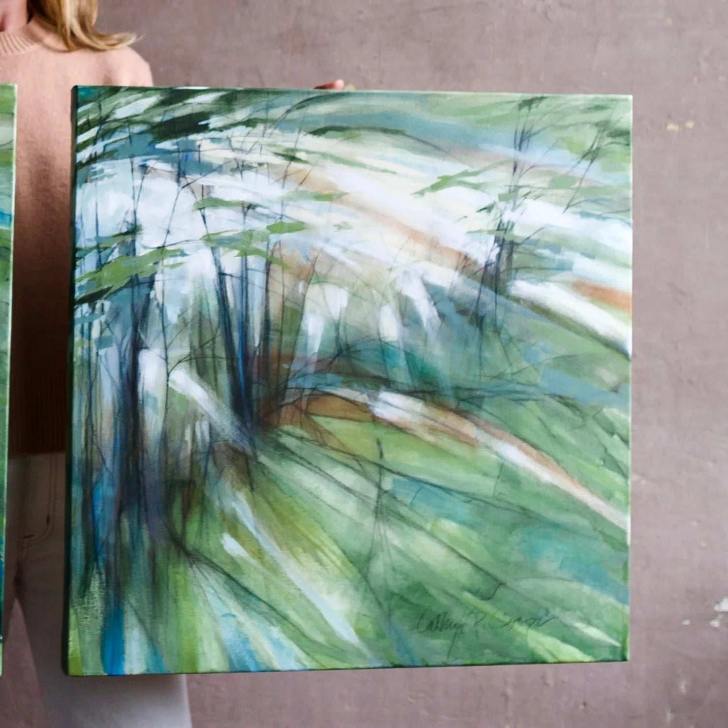 Image of original abstract acrylic and graphite painting by North Carolina fine art painter Cathryn Cooper trees