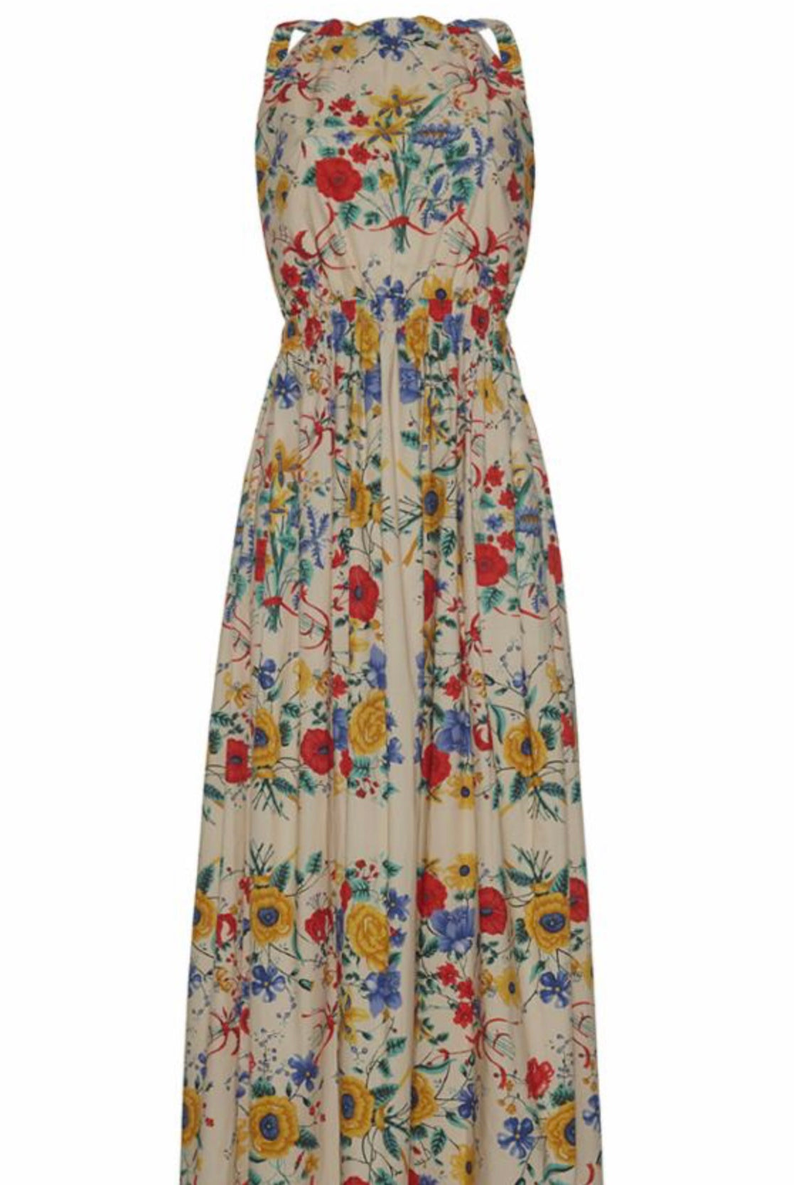 Image featuring the Colomba Dress from Cara Cara with a high scoop neckline and elastic waistband and open back.