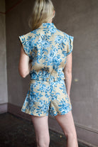 Model wearing designer Cara Cara Xenia short in farfella ginger root colorway reminiscent of Zimmerman