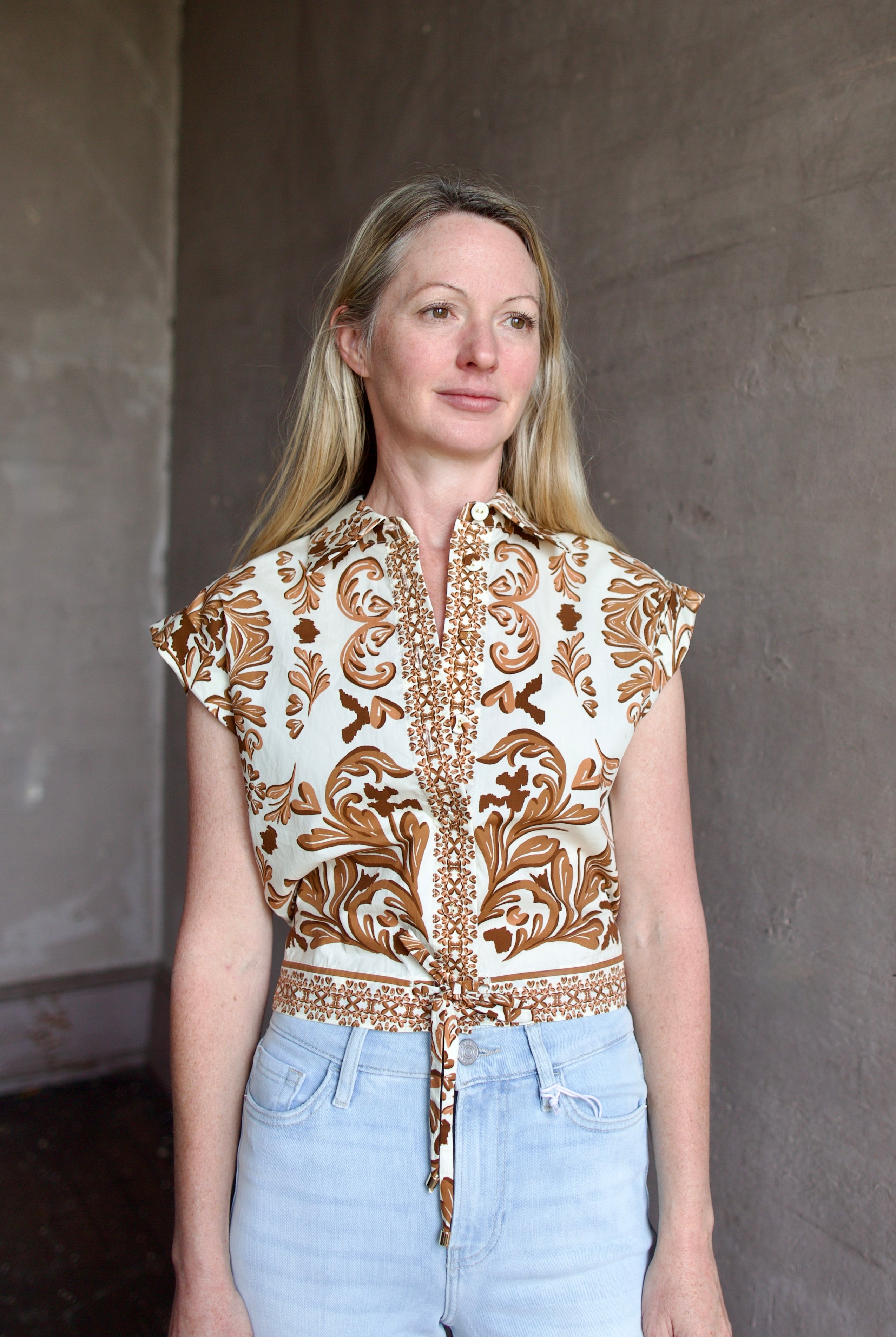 Image of a woman wearing the Cara Cara Octavia Top