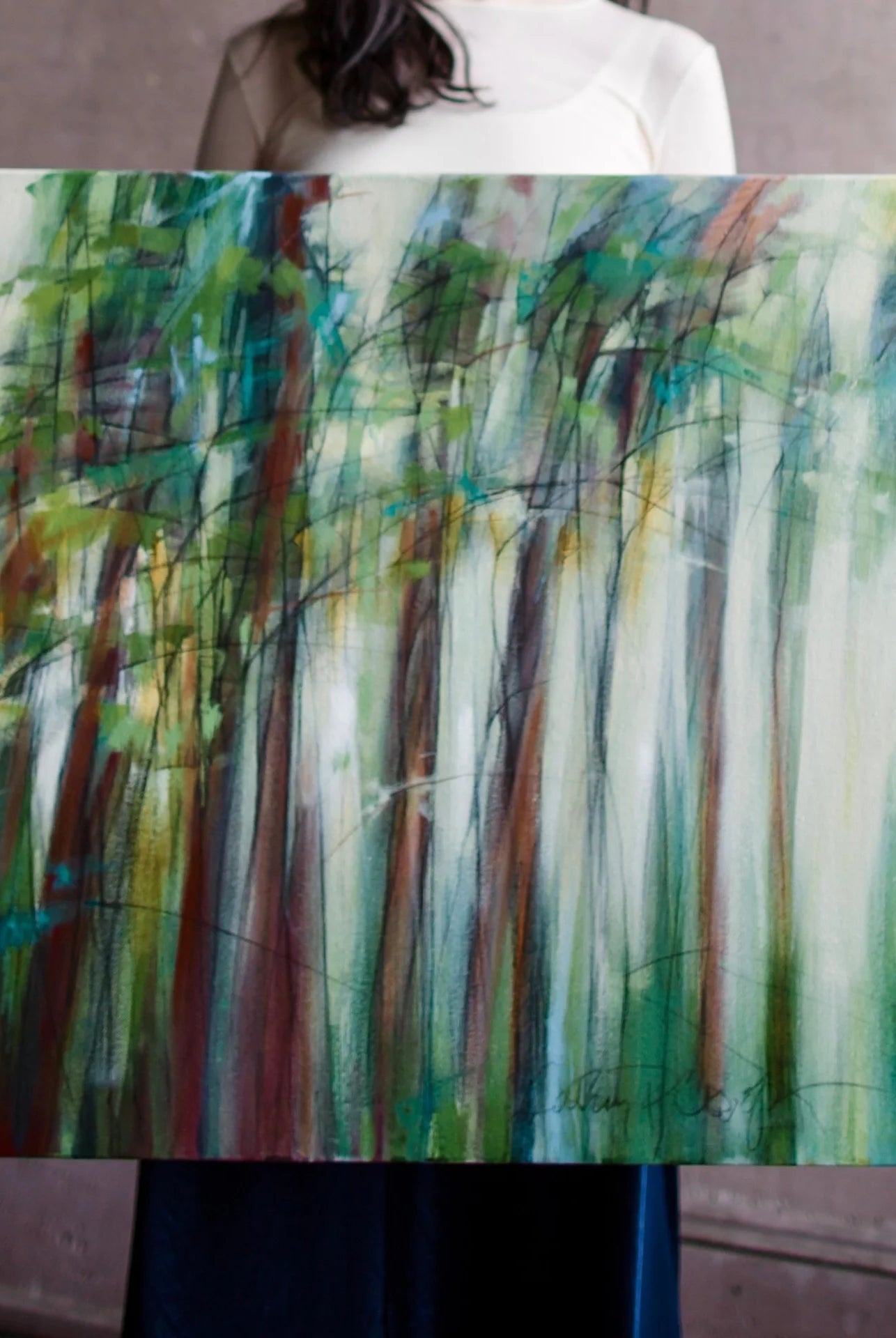 Image featuring an original acrylic and graphite painting by North Carolina artist Cathryn Cooper “Forest Wind I”