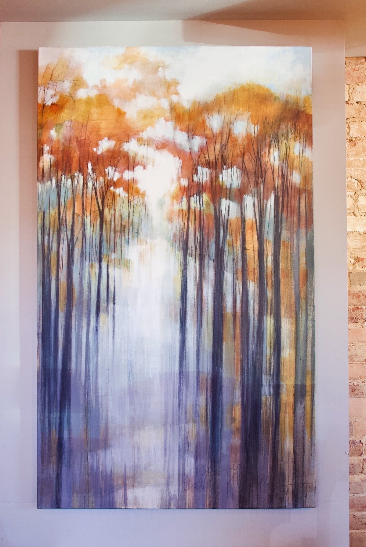 A canvas painting titled 'Autumn Rain II' by North Carolina artist Cathryn Cooper, featuring a forest scene with a blend of acrylic and graphite, in autumnal colors.