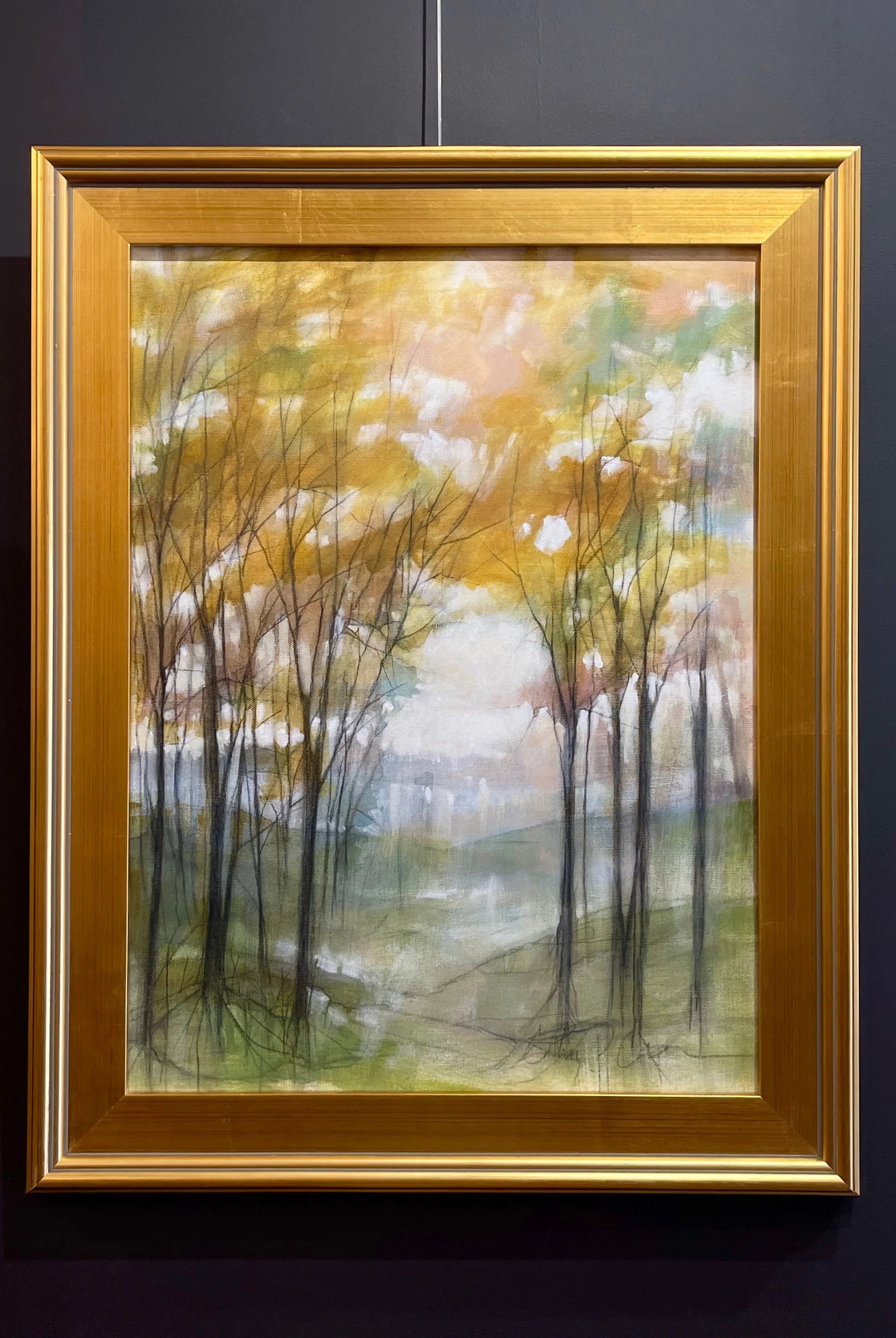 Image featuring an original acrylic and graphite painting by North Carolina artist Cathryn Cooper “Through the leaf curtain”