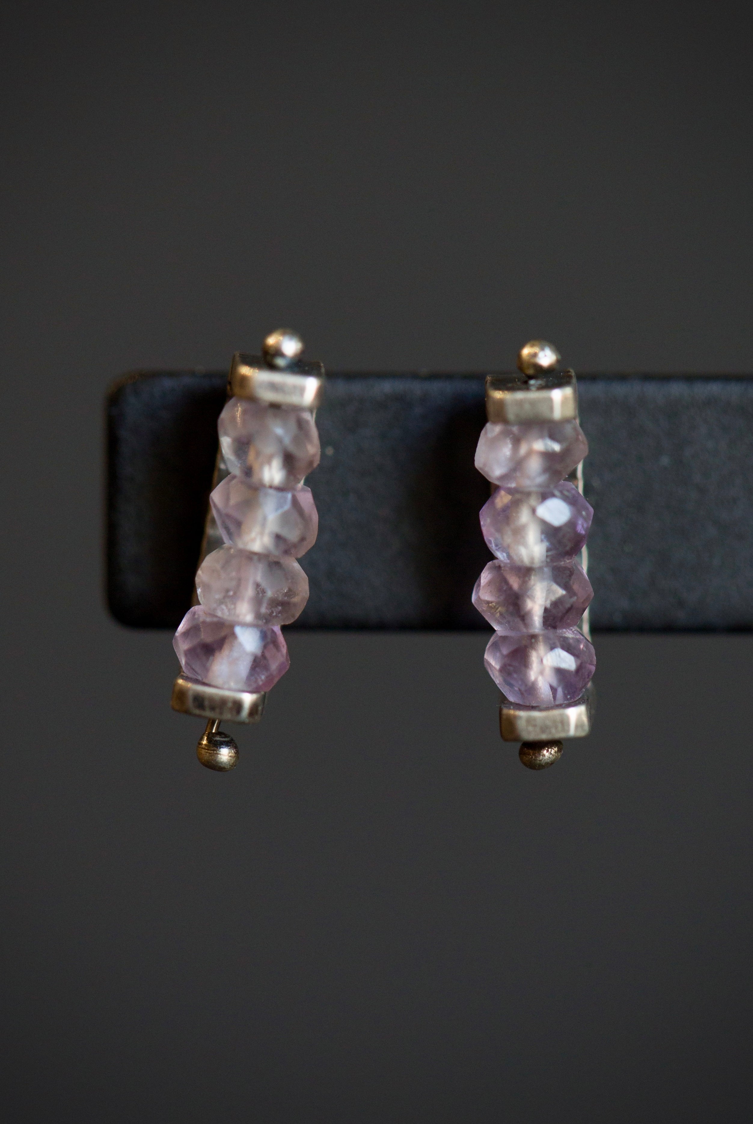 Image of sterling silver and amethyst Tlinear Stud Earrings from fine jewelry artist Erica Bailey hand crafted in USA
