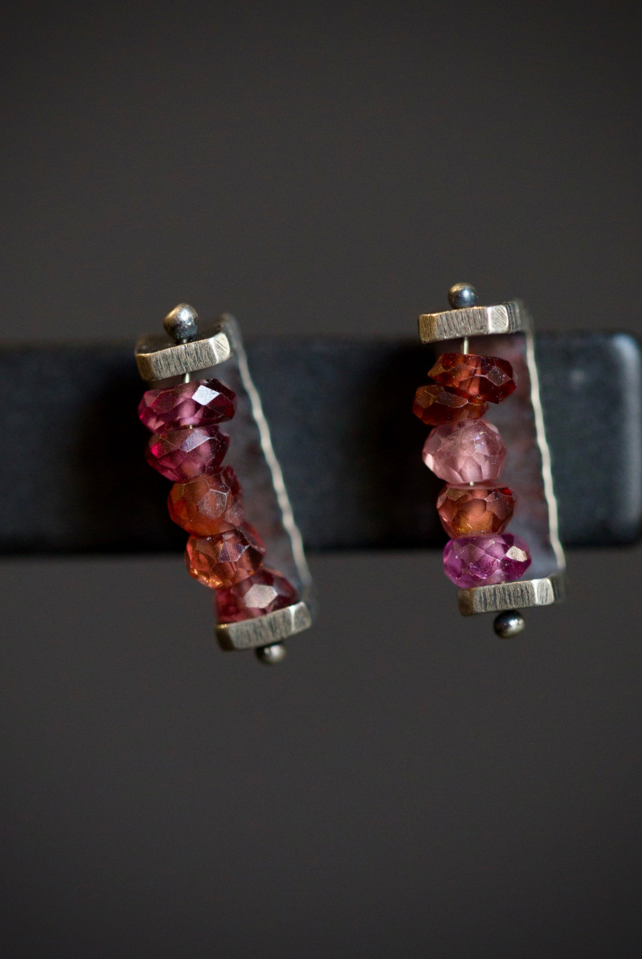 Image of sterling silver and Garnet linear Stud Earrings from fine jewelry artist Erica Bailey hand crafted in USA