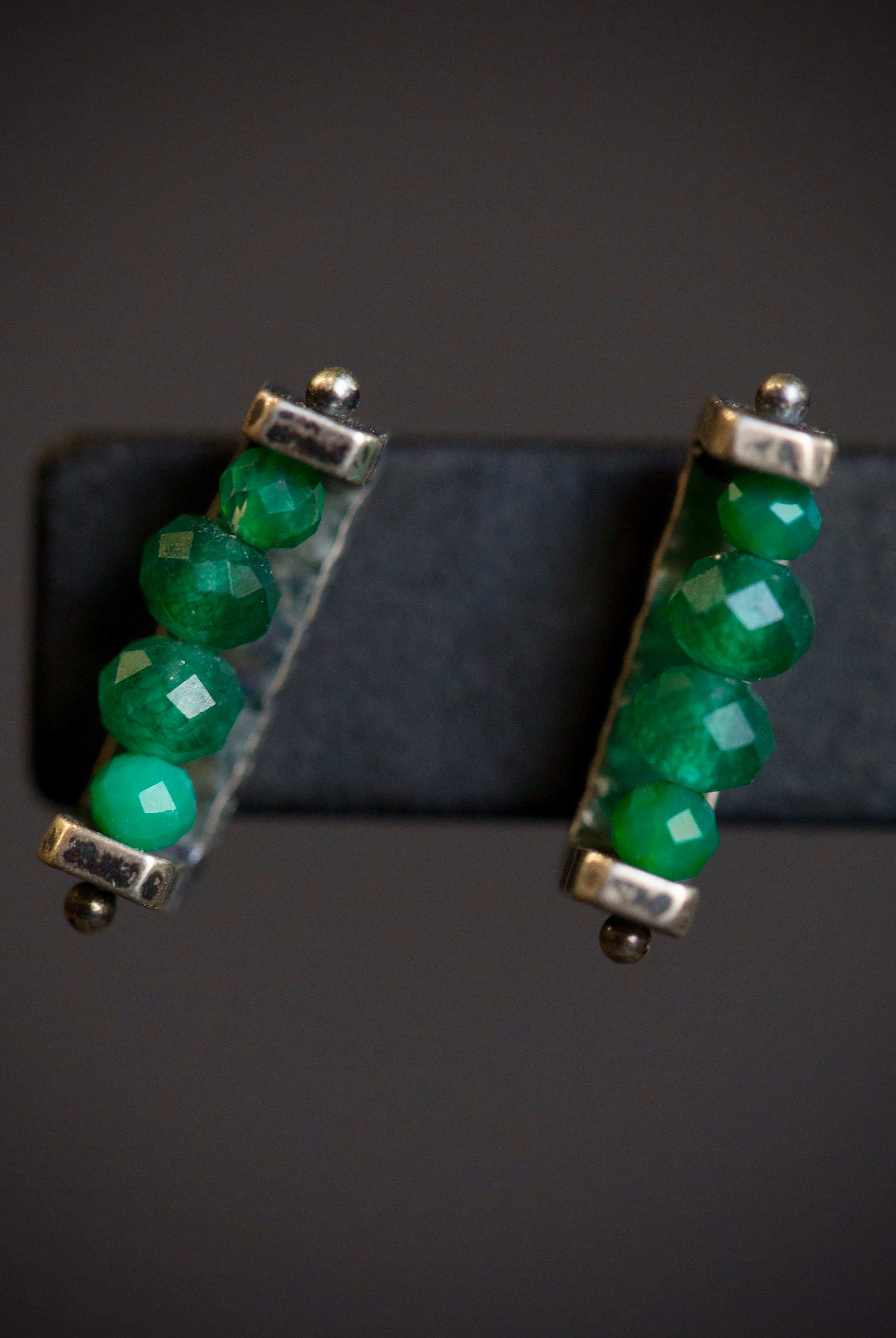 Image of sterling silver and green onyx linear Stud Earrings from fine jewelry artist Erica Bailey hand crafted in USA
