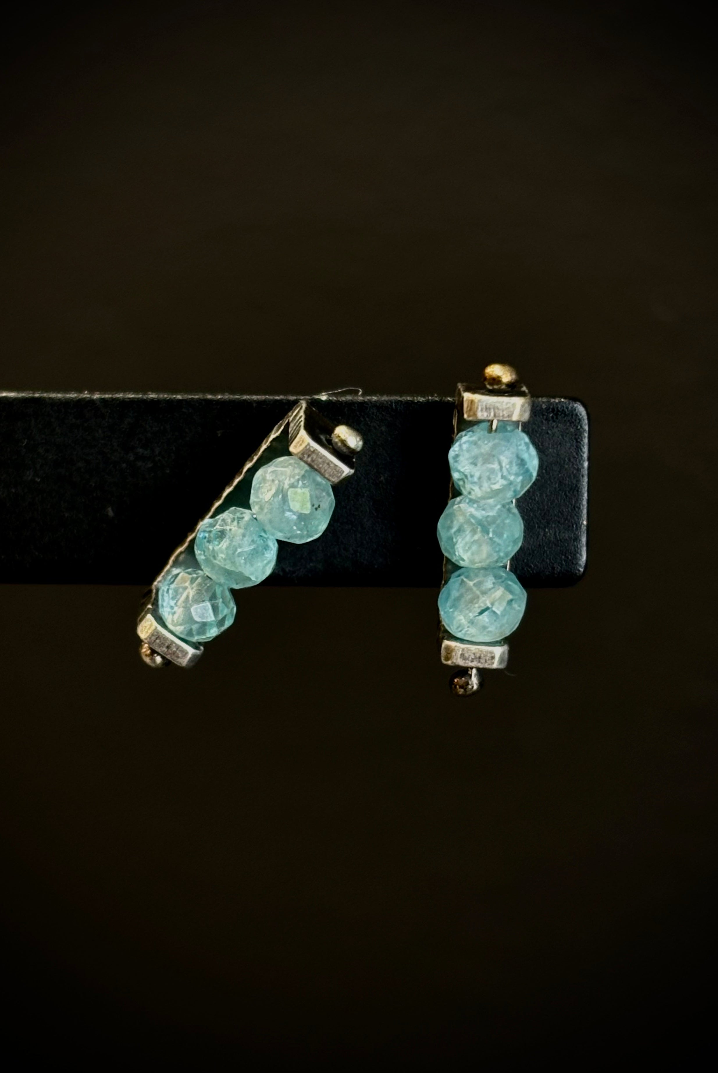 Image of sterling silver and Aqua Apatite linear Stud Earrings from fine jewelry artist Erica Bailey hand crafted in USA
