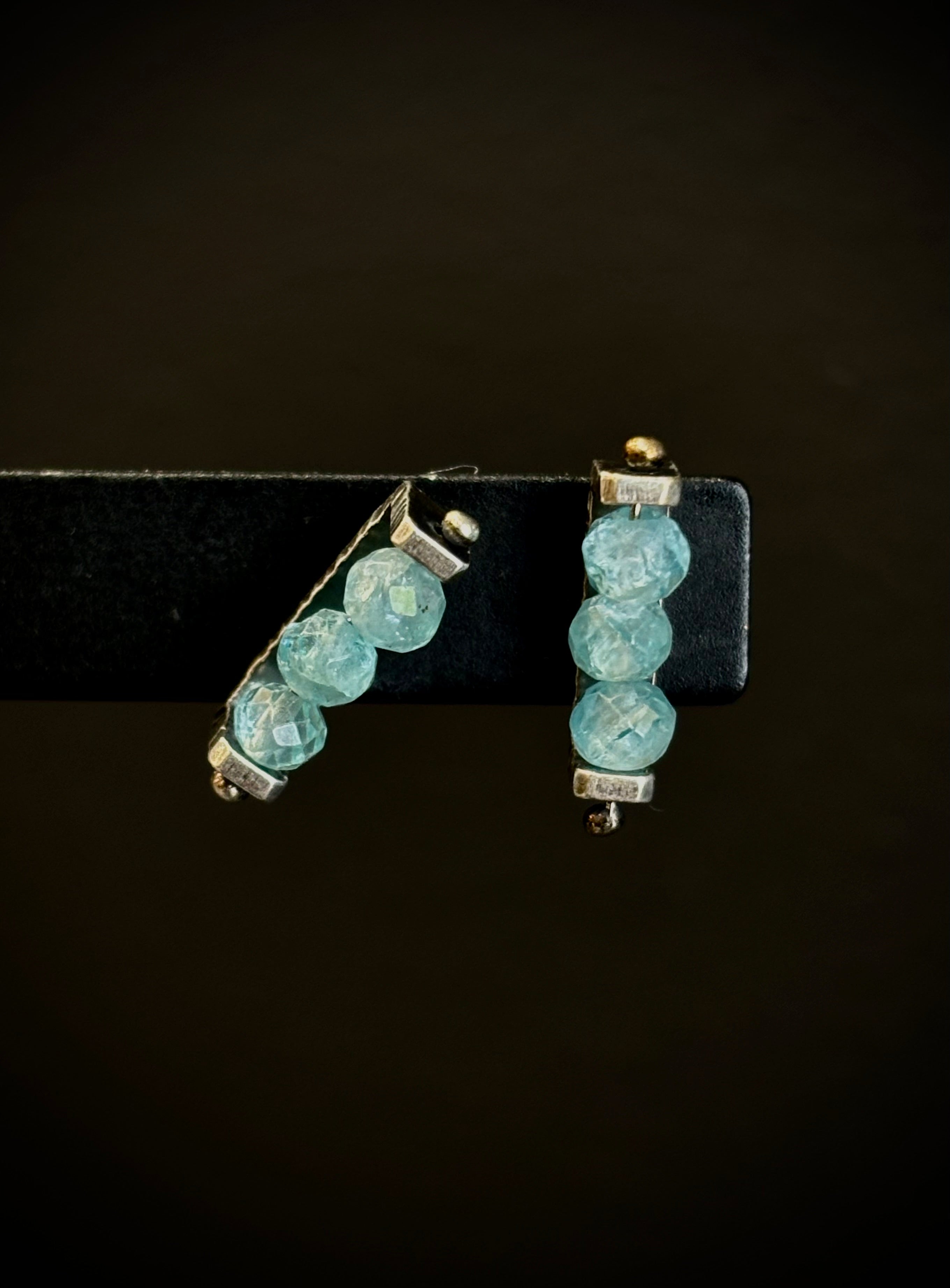 Image of sterling silver and Aqua Apatite linear Stud Earrings from fine jewelry artist Erica Bailey hand crafted in USA