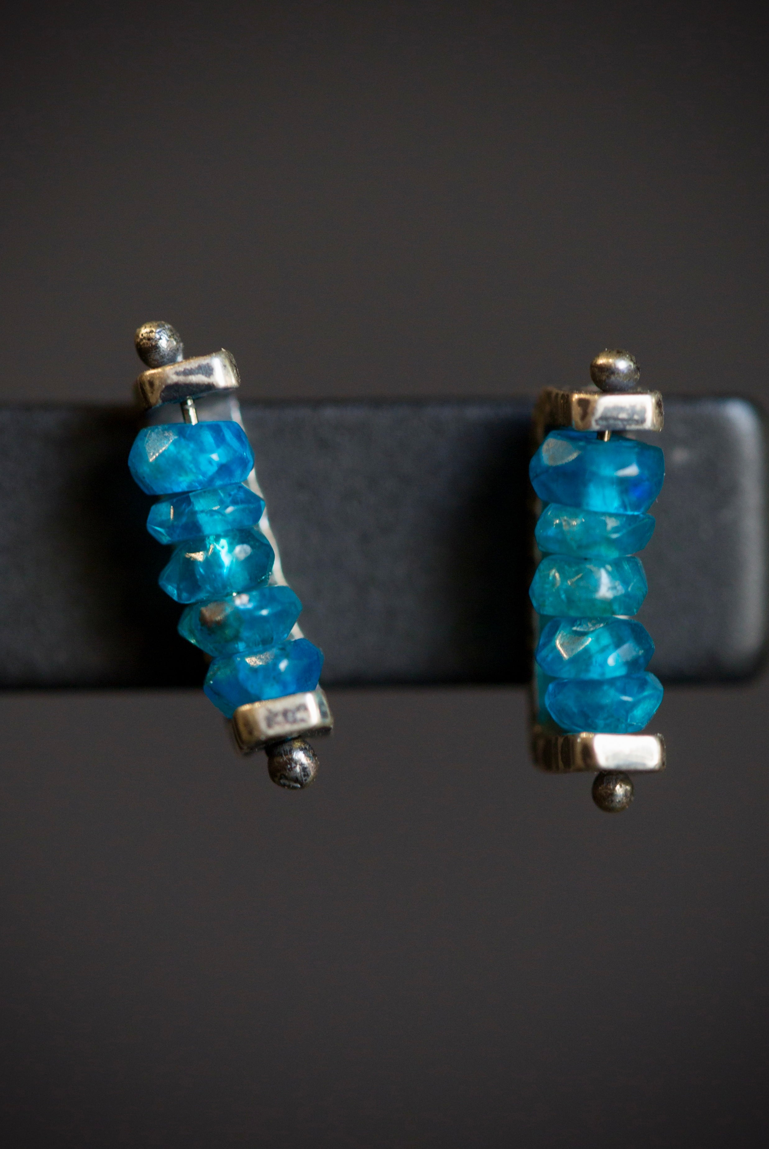 Image of sterling silver and Teal Apatite linear Stud Earrings from fine jewelry artist Erica Bailey hand crafted in USA