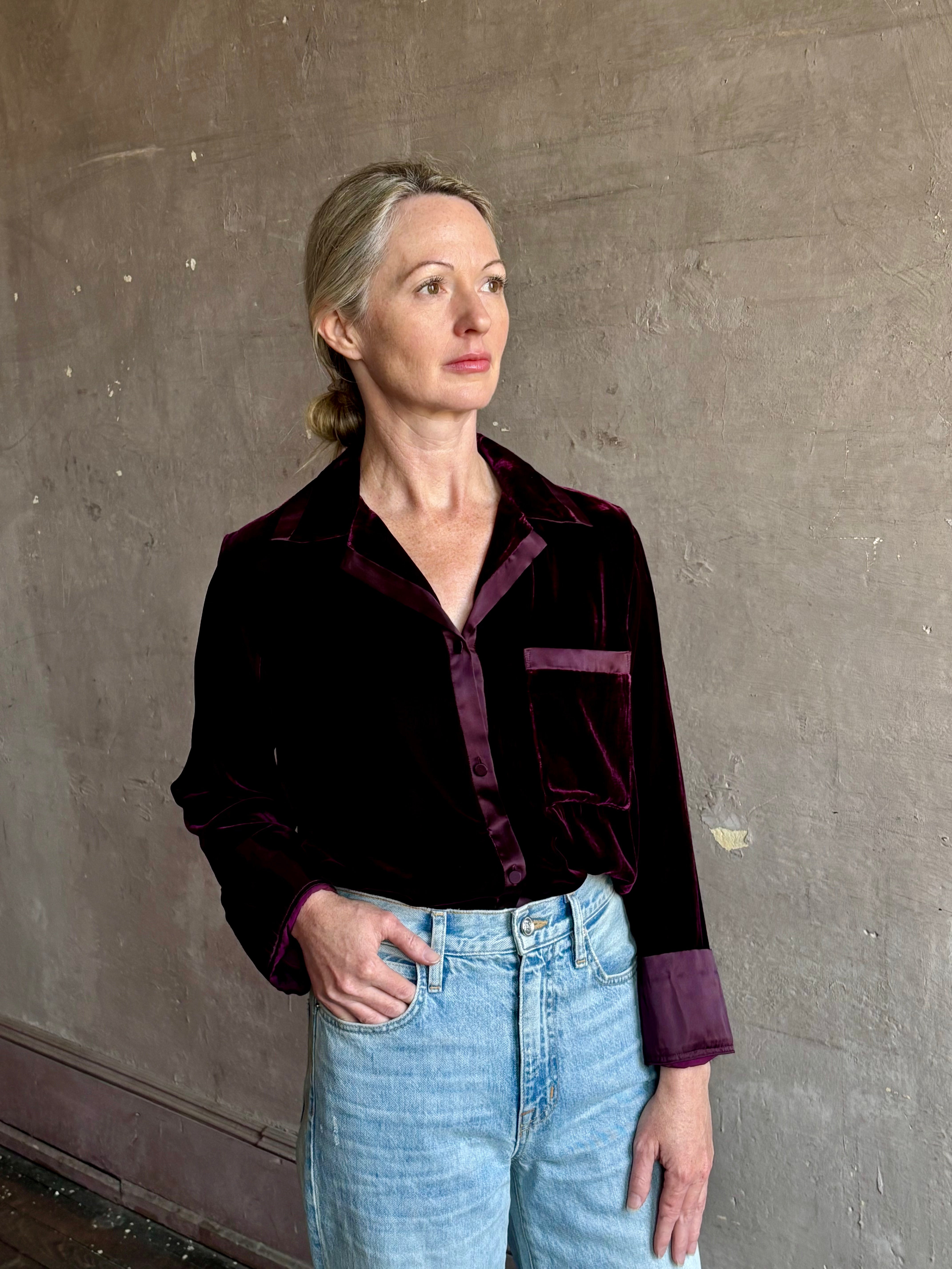 Image of mature woman wearing luxury Italian designer FORTE FORTE Velvet Button-Down Shirt in Bordeaux with Pajama-Inspired Boho Blouse