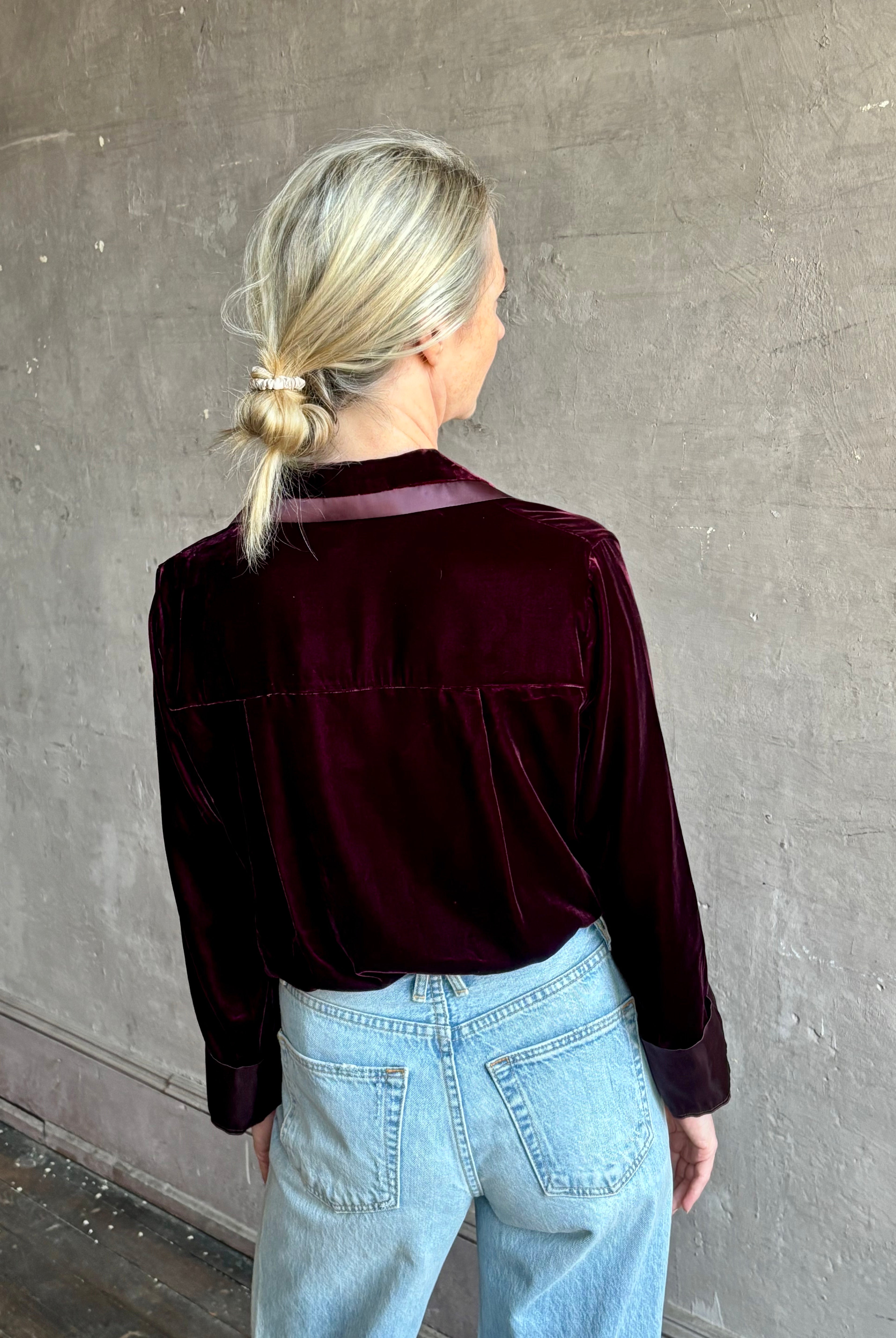 Image of mature woman wearing luxury Italian designer FORTE FORTE Velvet Button-Down Shirt in Bordeaux with Pajama-Inspired Boho Blouse