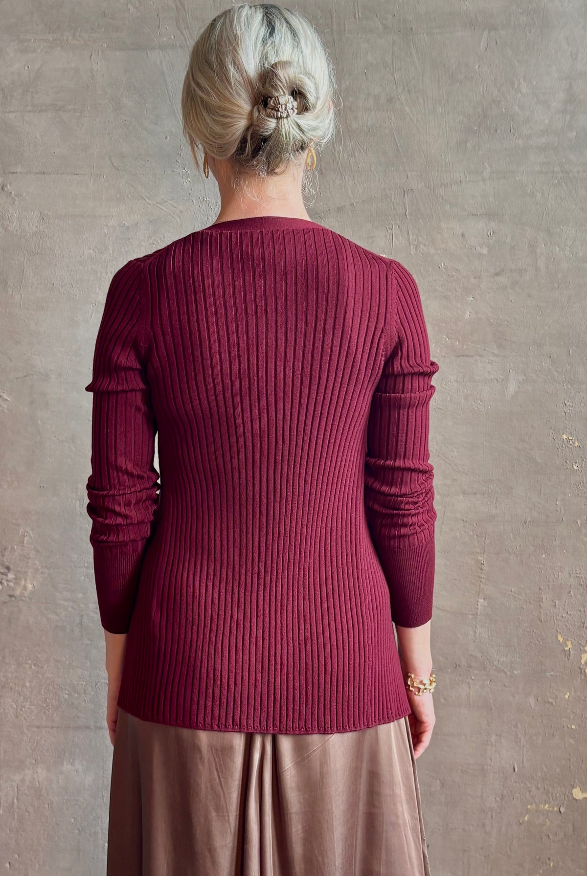 Forte_Forte's Superfine Merino Ribbed Cardigan in Bordeaux superfine wool Refined textural Italian craftsmanship