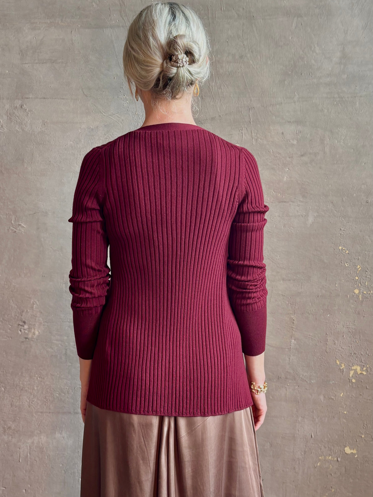 Forte_Forte's Superfine Merino Ribbed Cardigan in Bordeaux superfine wool Refined textural Italian craftsmanship