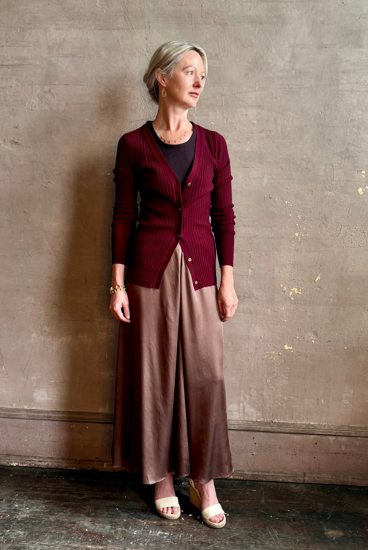 Forte_Forte's Superfine Merino Ribbed Cardigan in Bordeaux superfine wool Refined textural Italian craftsmanship