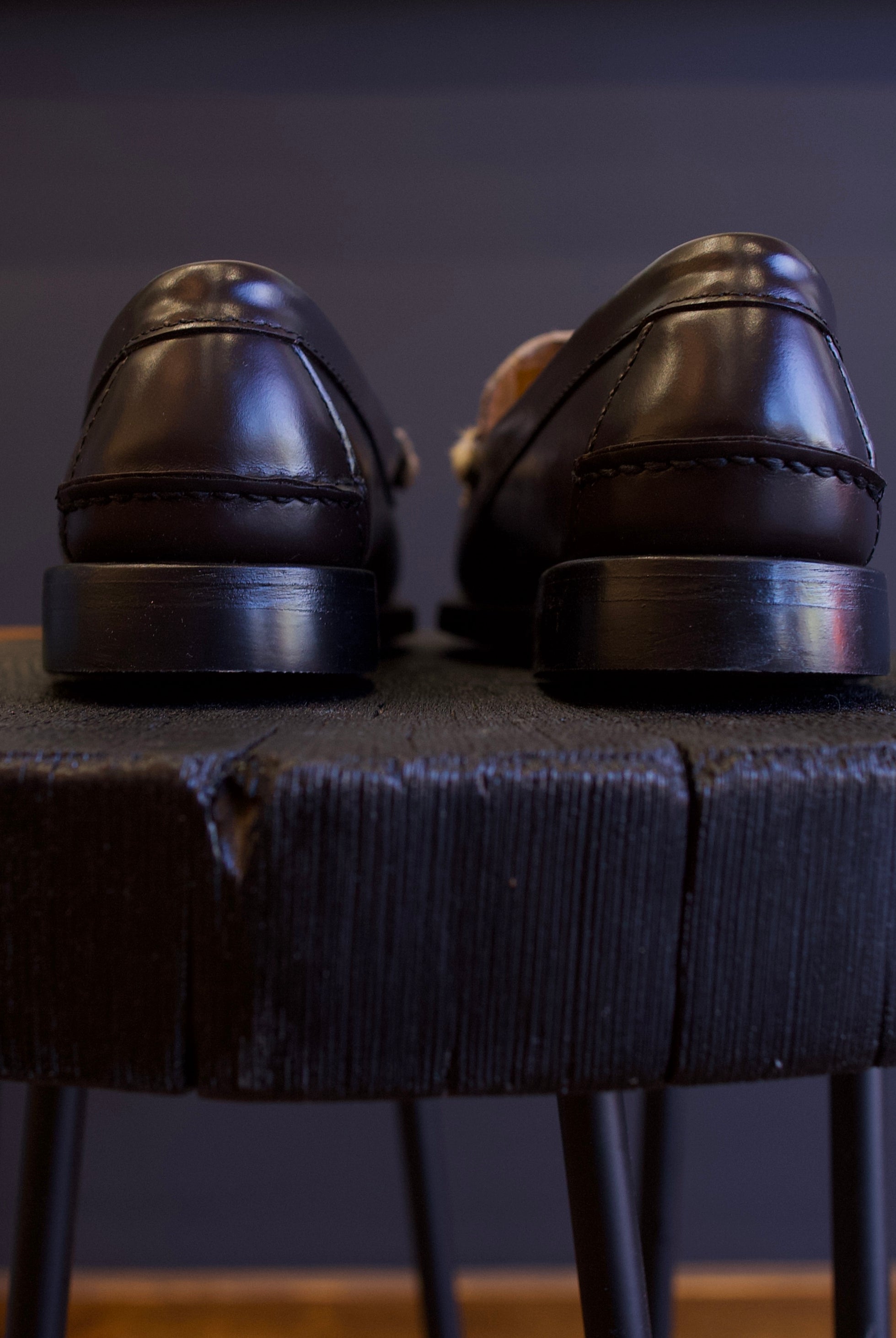 Image featuring the Forte Forte collaboration loafers with Sebago. They are brown leather with ivory horsehair accents and rhinestone detailing.