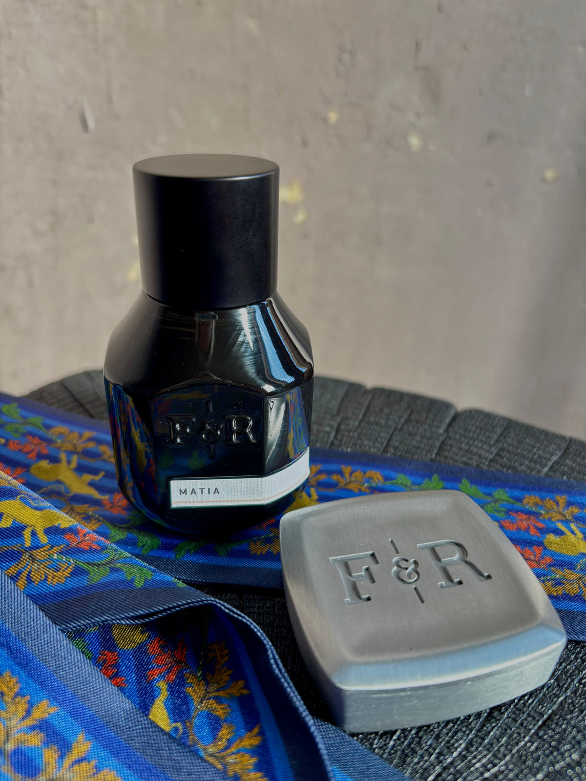Fulton and Roark’s Matia Extrait de Parfum and solid a spiced woody citrus of cardamom, saffron, and black amber Made in North Carolina