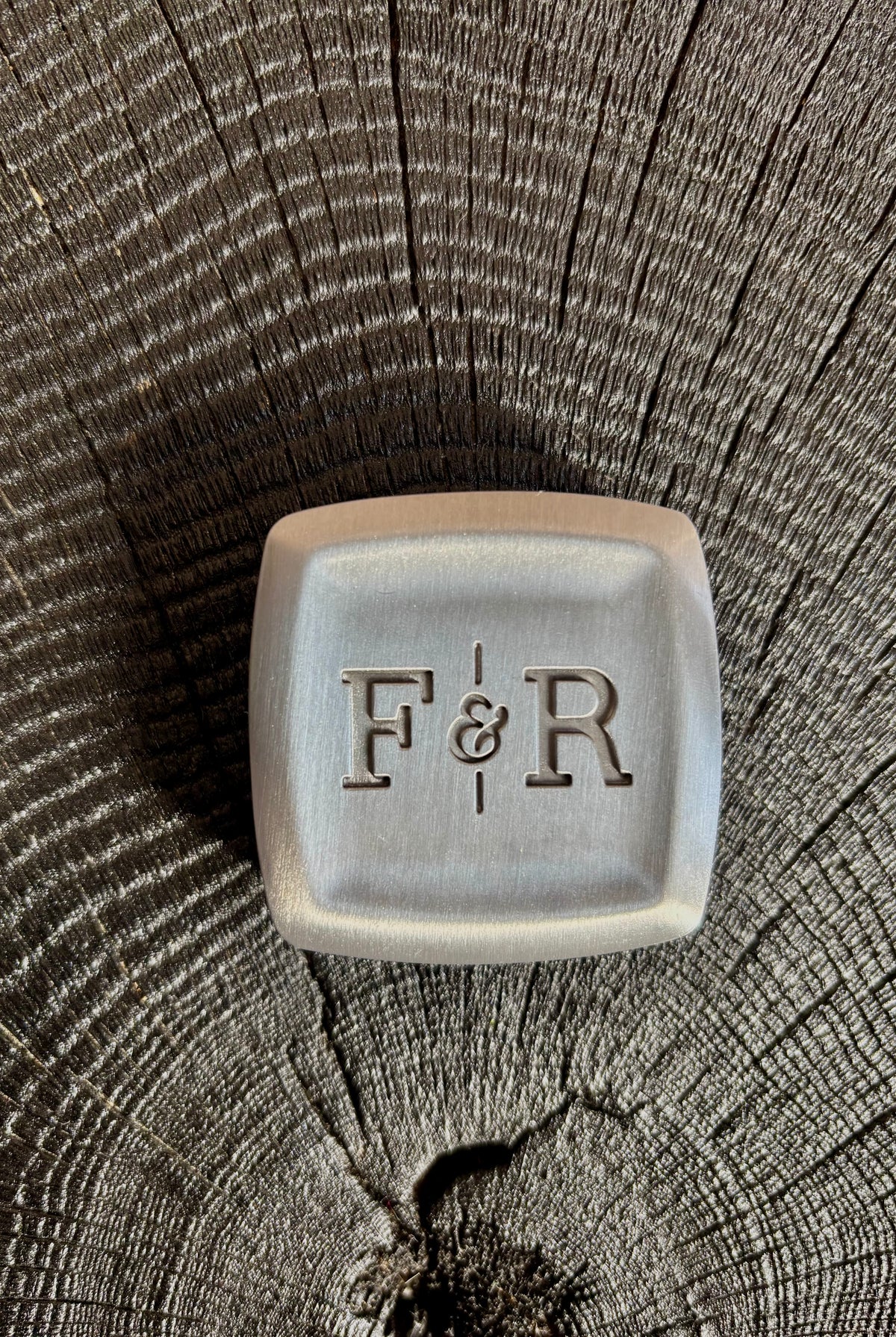 Image of a Fulton and Roark solid fragrance monogrammed metal travel case for refillable solid scent pan