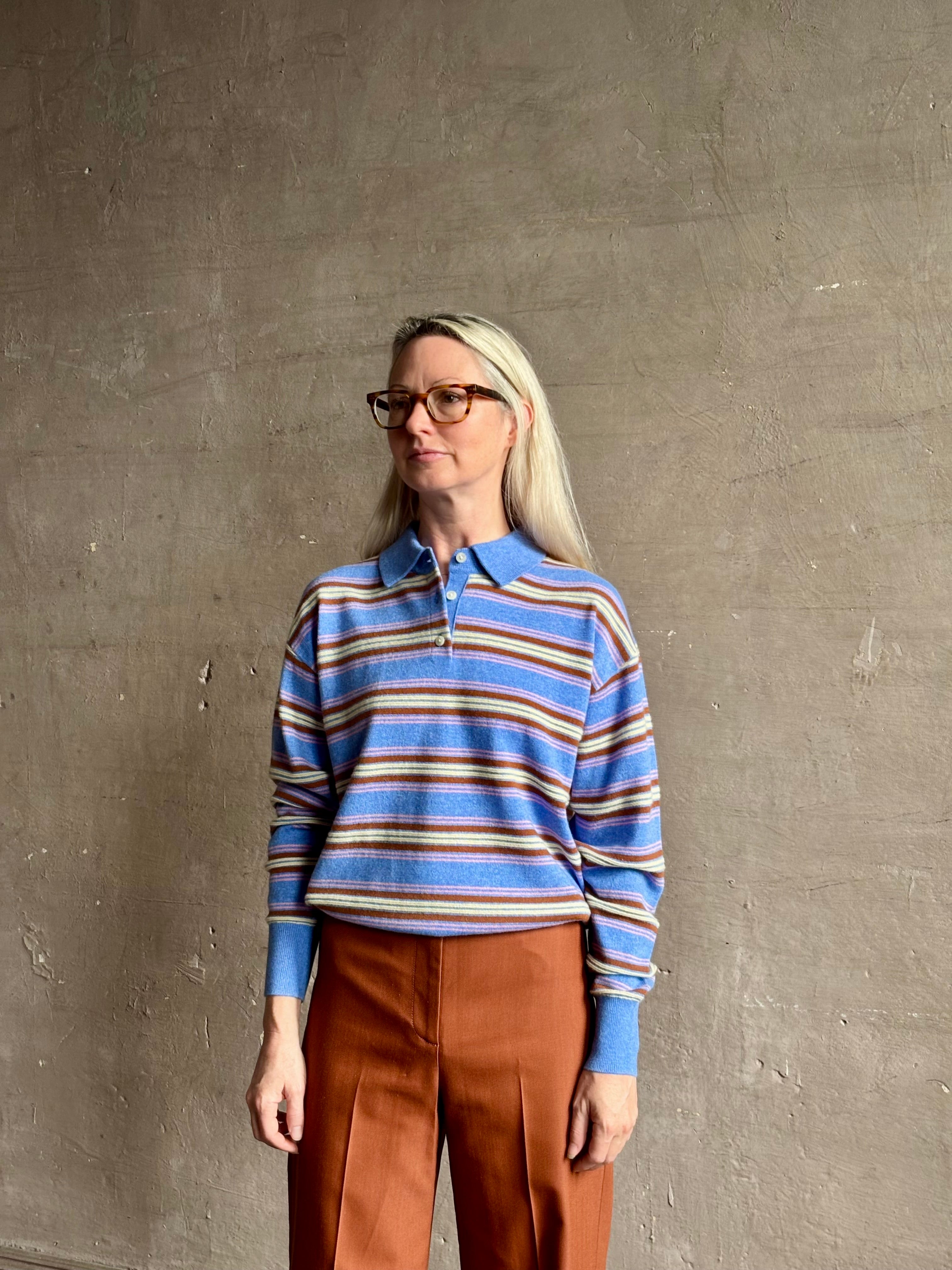 Mature woman wearing Guest in Residence Colliegate Delft Blue sienna yellow striped cashmere polo sweater