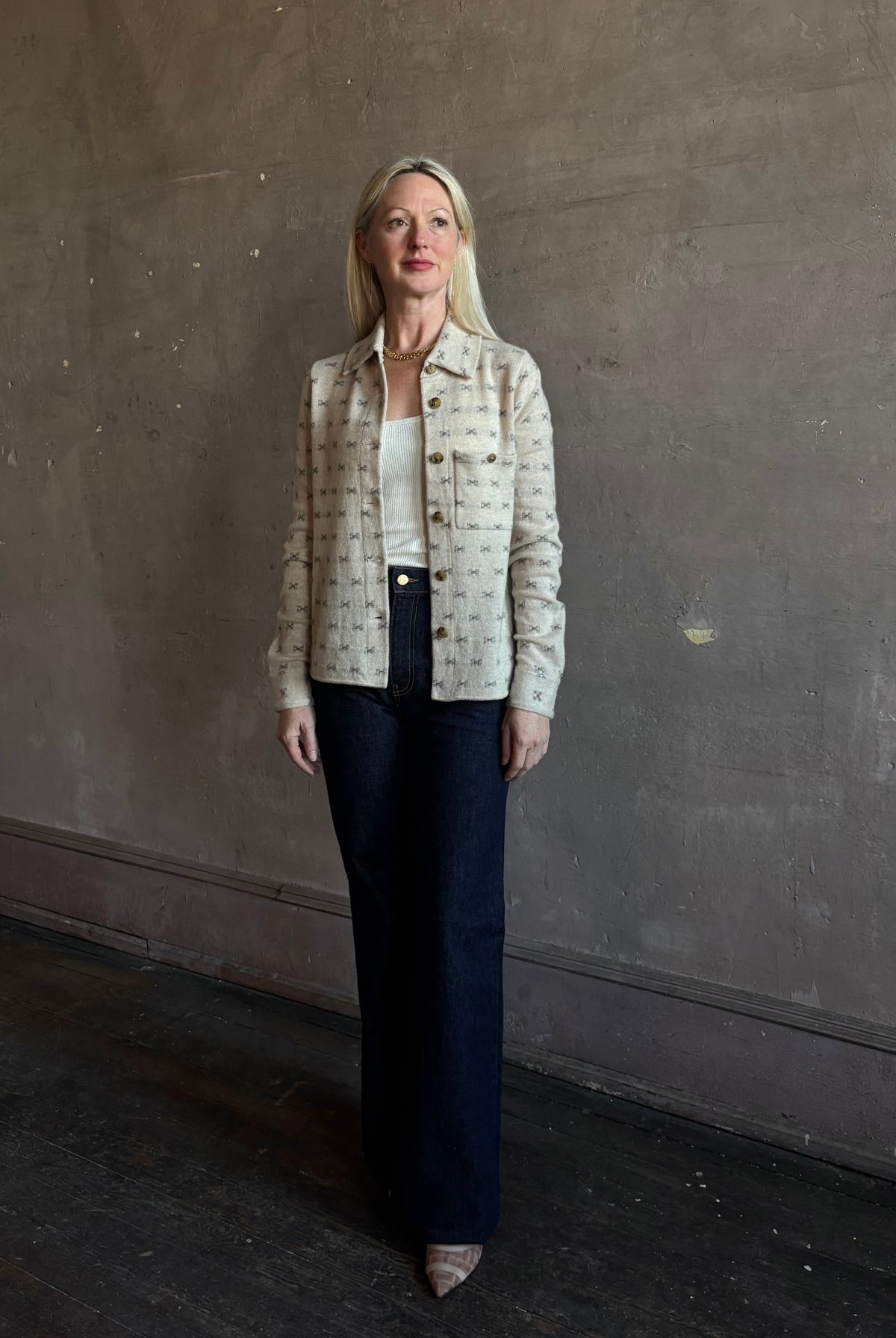 Mature woman wearing Guest in Residence Dylan Tweed Shirt in Sandstone Mongolian cashmere button front front breast pocket collared