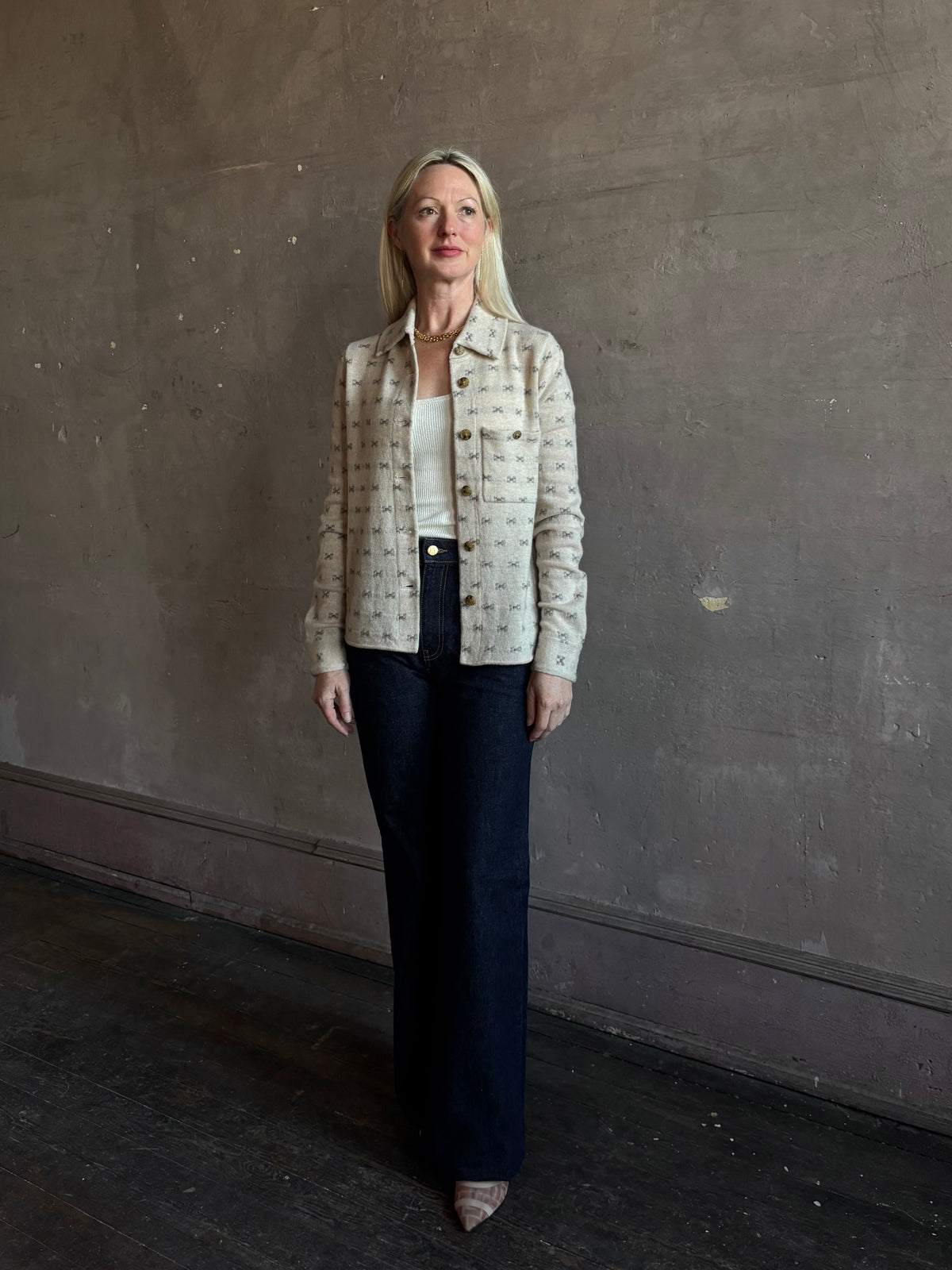Mature woman wearing Guest in Residence Dylan Tweed Shirt in Sandstone Mongolian cashmere button front front breast pocket collared