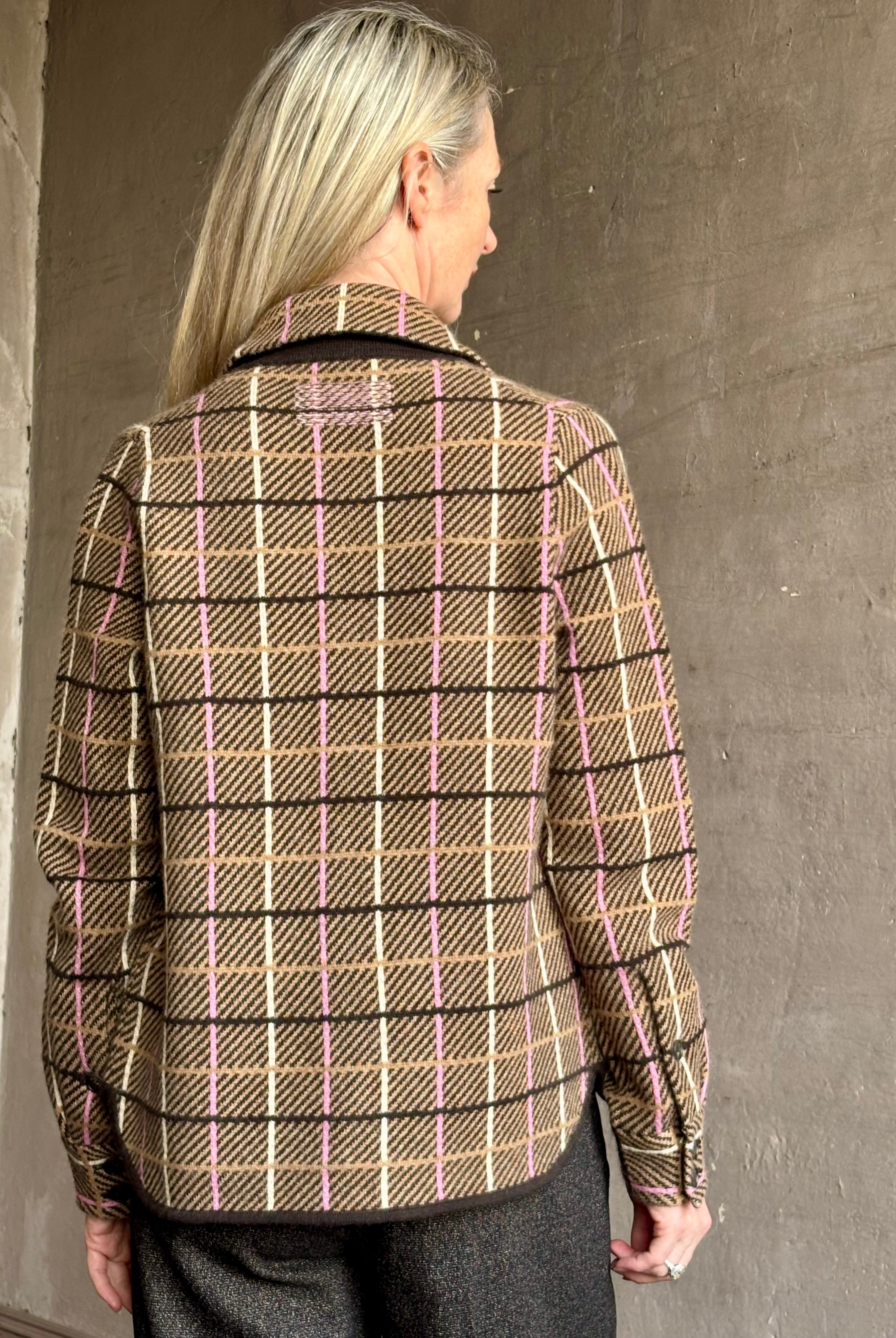 Image of mature woman wearing luxury American clothing designer Guest in Residence plaid Button-Down Long Sleeve Collared Shacket