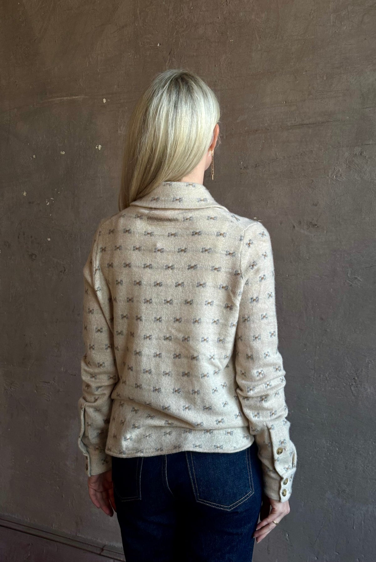 Mature woman wearing Guest in Residence Dylan Tweed Shirt in Sandstone Mongolian cashmere textural Heirloom-quality workwear-inspired overshirt