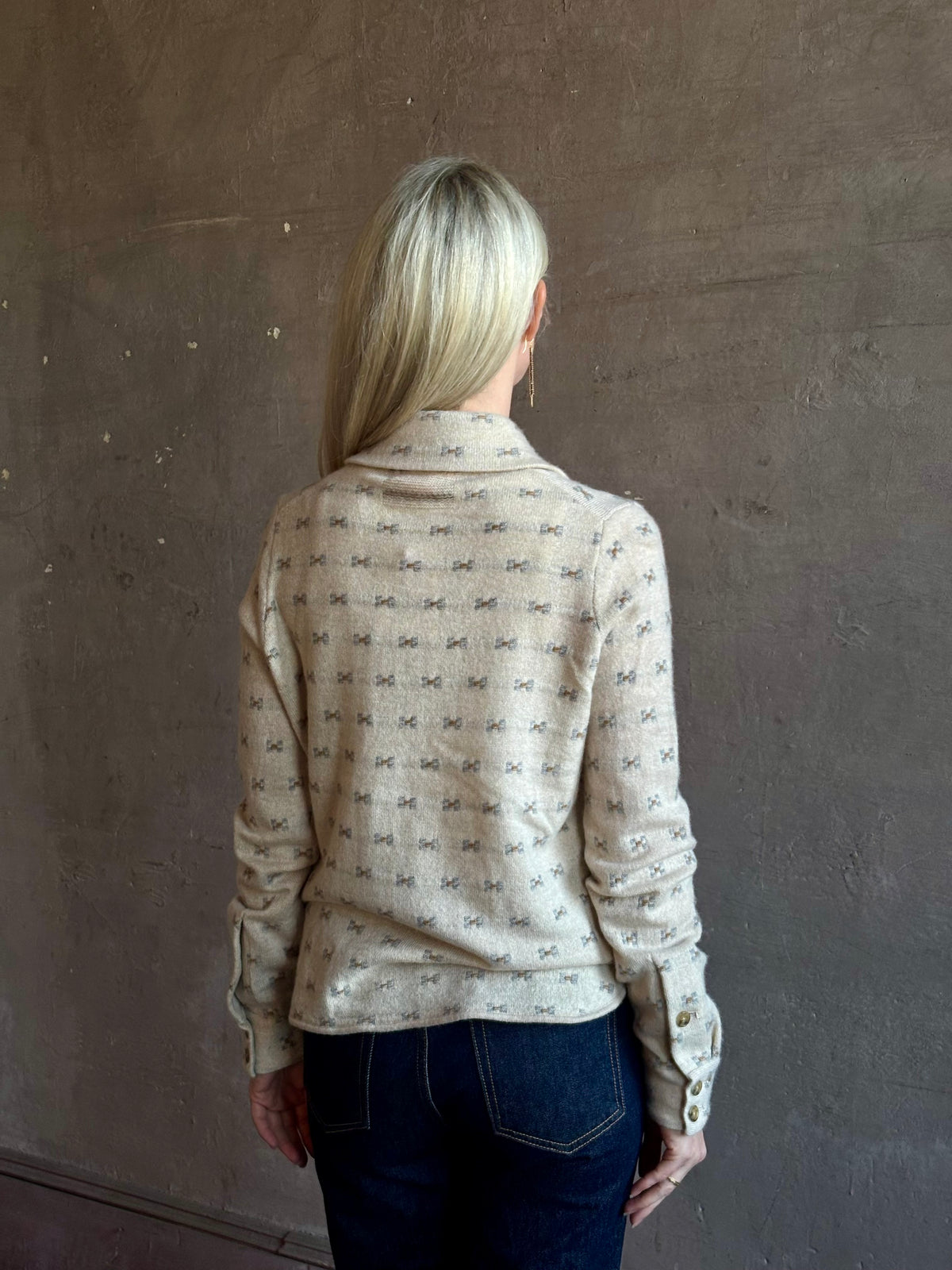 Mature woman wearing Guest in Residence Dylan Tweed Shirt in Sandstone Mongolian cashmere textural Heirloom-quality workwear-inspired overshirt