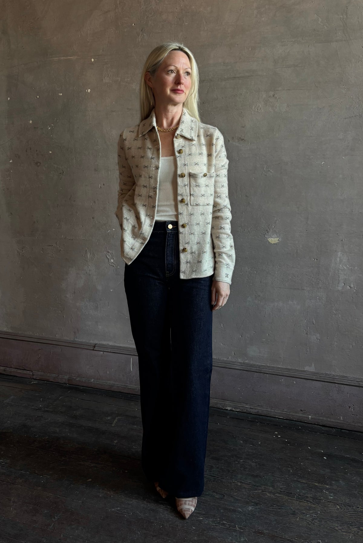 Mature woman wearing Guest in Residence Dylan Tweed Shirt in Sandstone Mongolian cashmere layering Heirloom-quality workwear-inspired overshirt