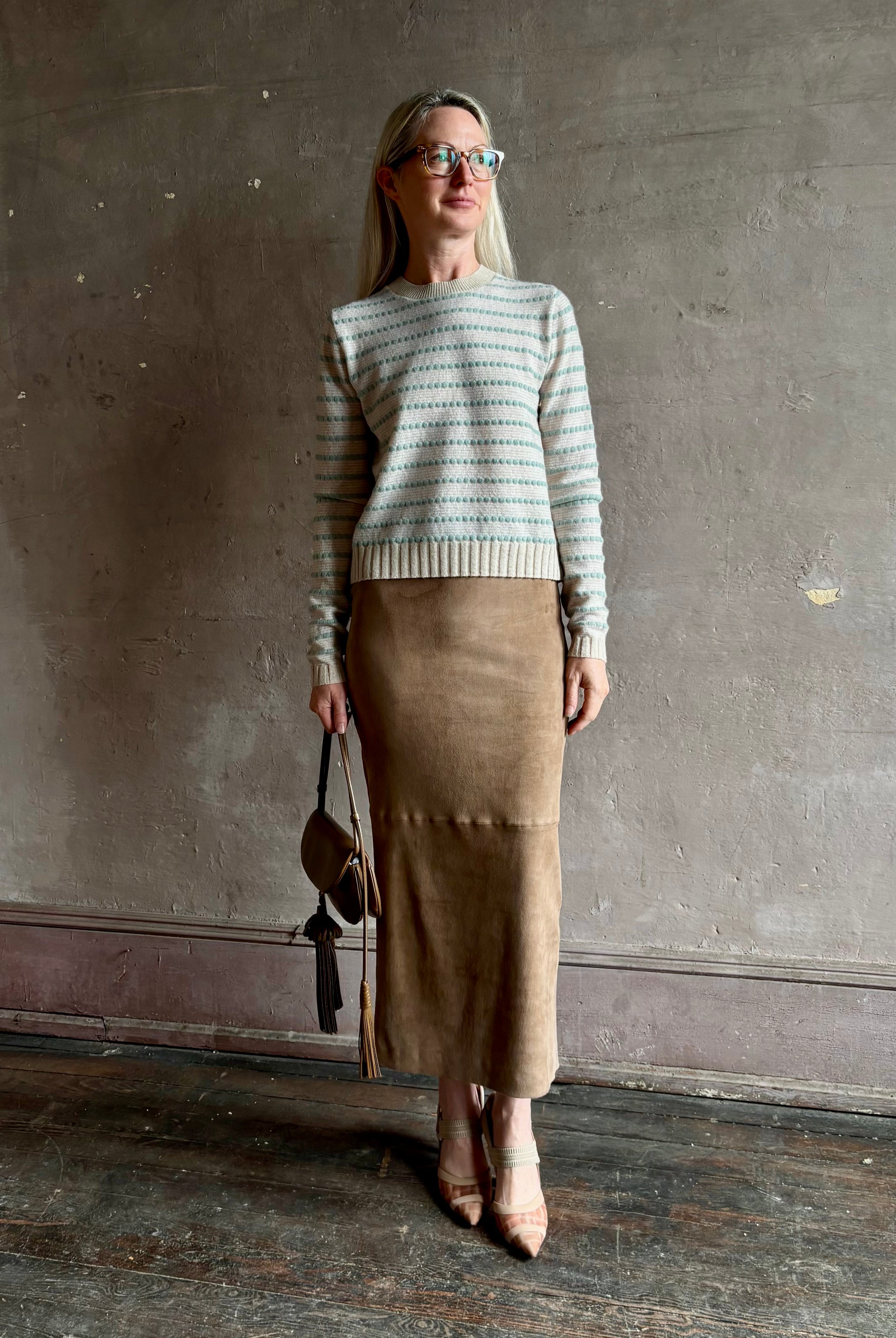 Guest in Residence Pebble cream and sage stripe shrunken crew long sleeve cashmere sweater sandstone combo