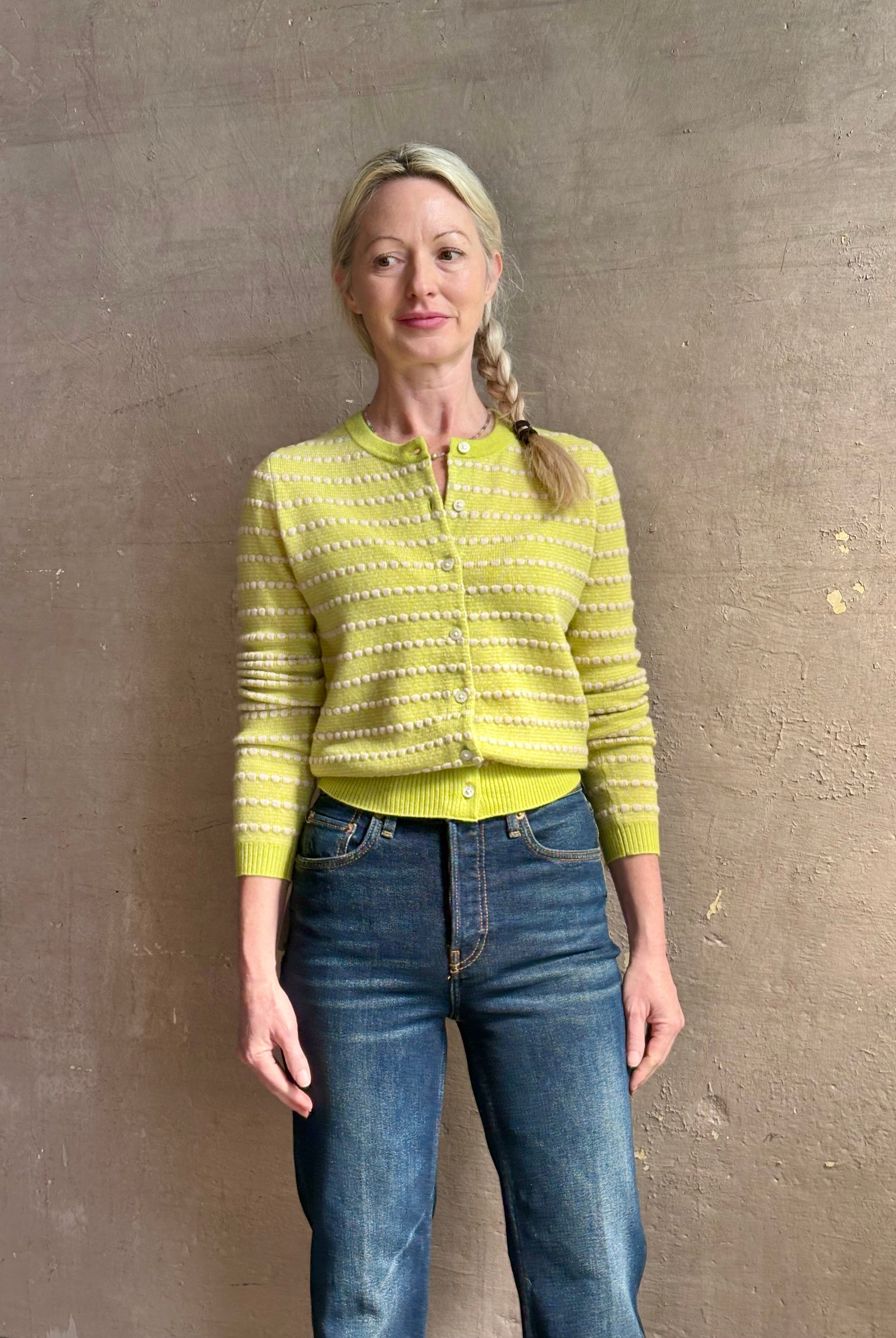 Guest in residence pebble stripe jane cashmere cardigan with long sleeves button front crew neck dot texture olive