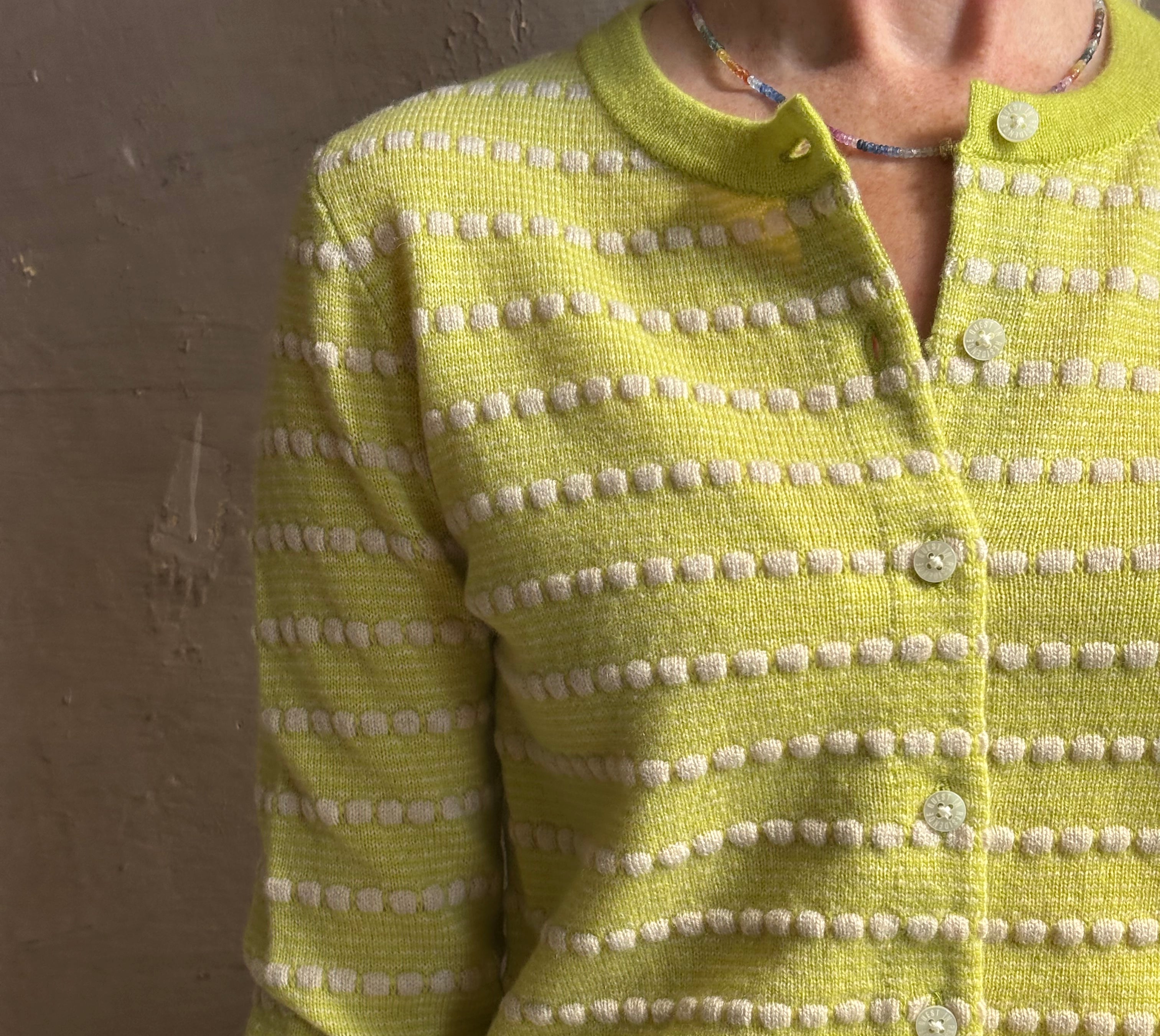 Guest in residence pebble stripe jane cashmere cardigan with long sleeves button front crew neck dot texture olive