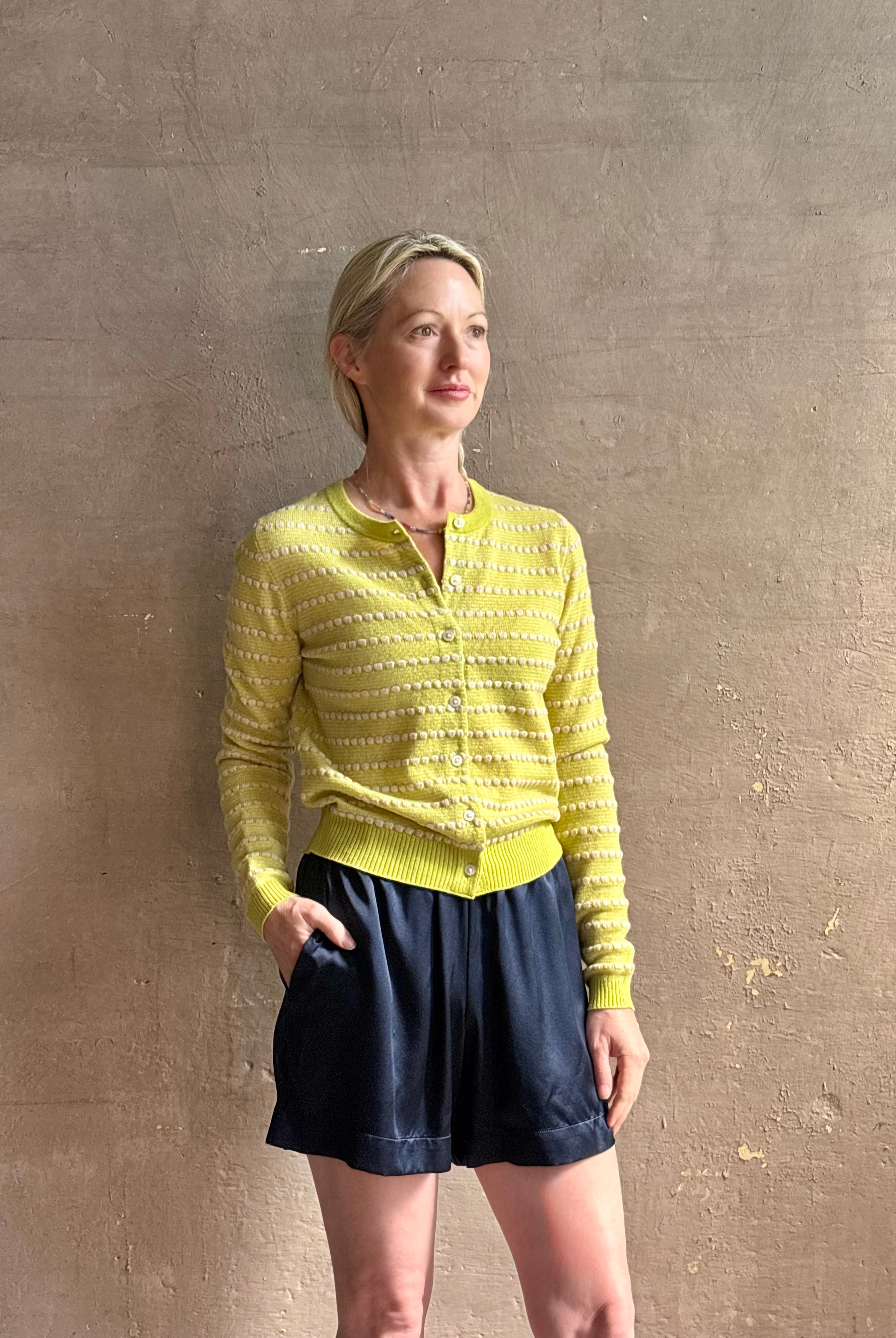 Guest in residence pebble stripe jane cashmere cardigan with long sleeves button front crew neck dot texture olive