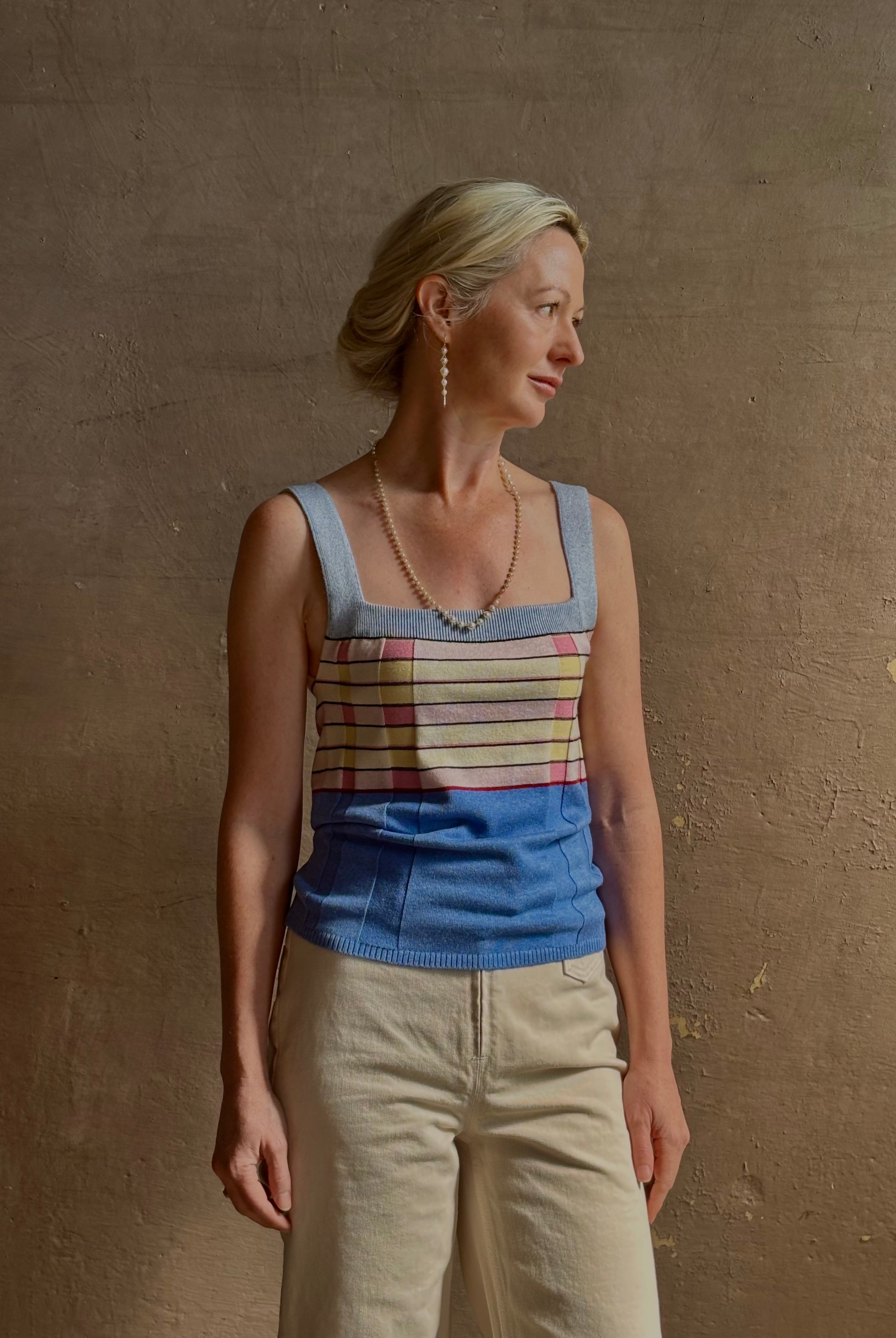 designer Guest in residence Plaited Rib Tank rendered in a delft blue and crafted from a luxurious silk and linen blend