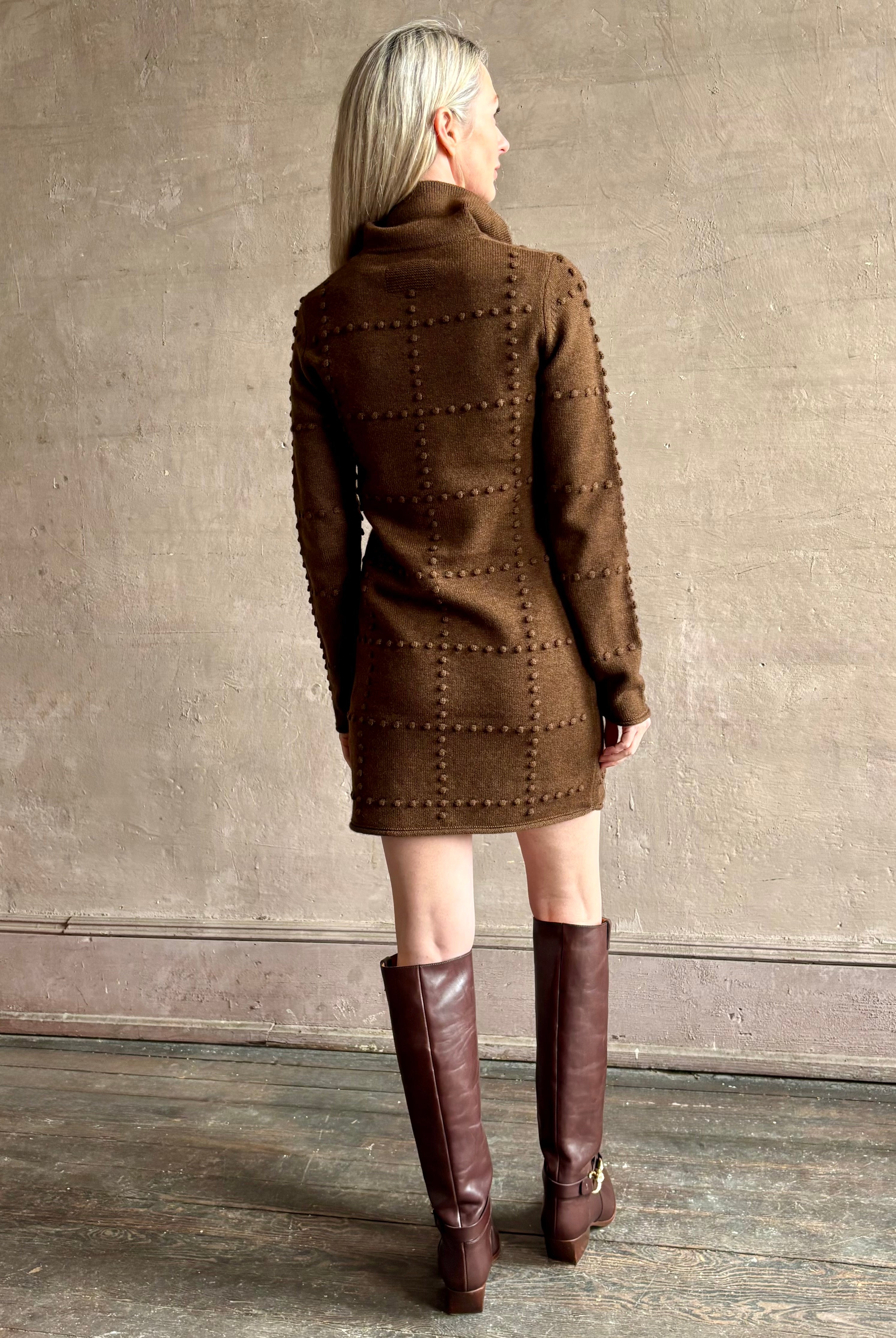 mature woman wearing Guest in Residence Popcorn Polo long sleeve brown mini dress patterned texture