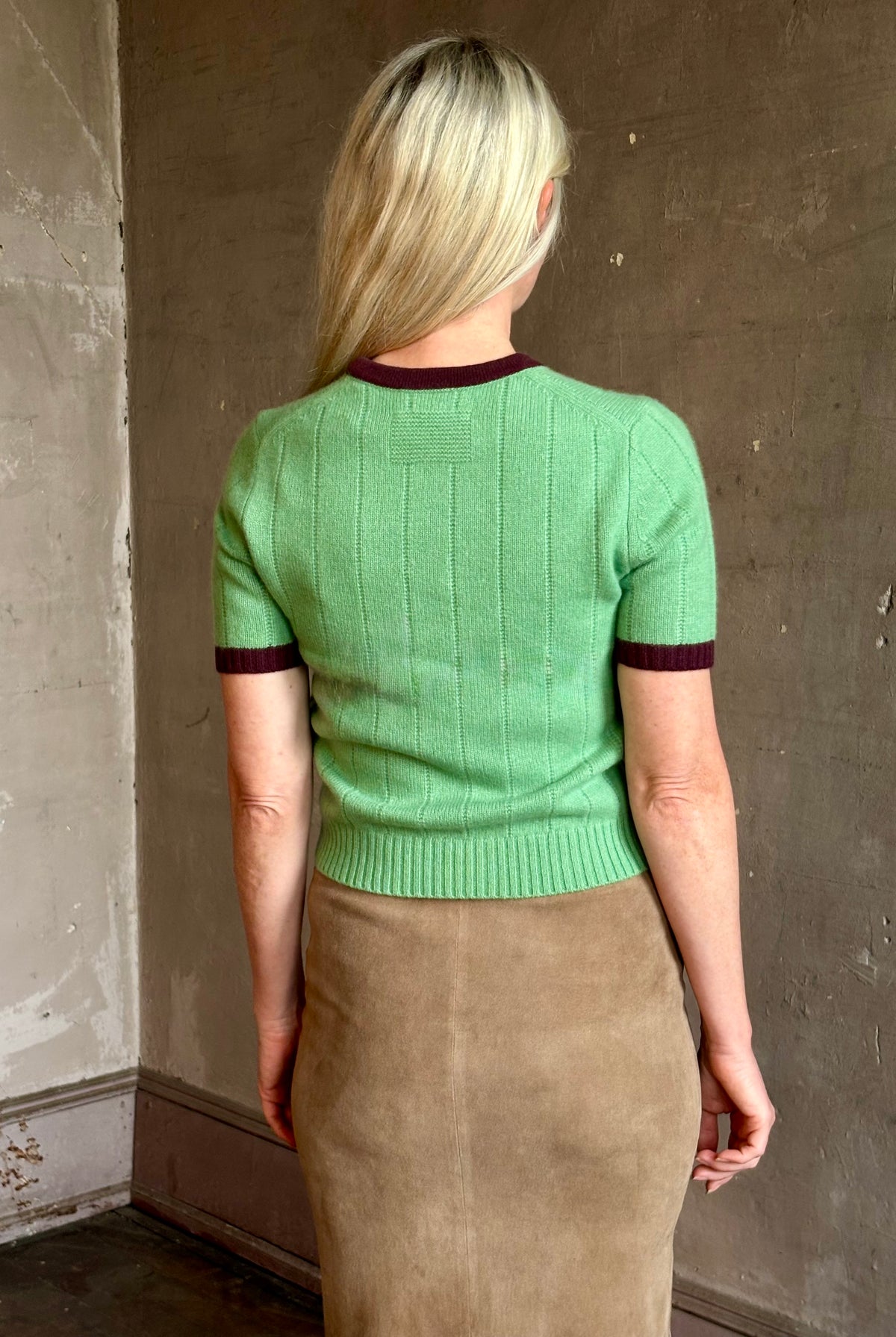 Mature woman wearing Guest in Residence Rib Ringer Tee Cashmere Sweater in Highland/Fig vintage-inspired